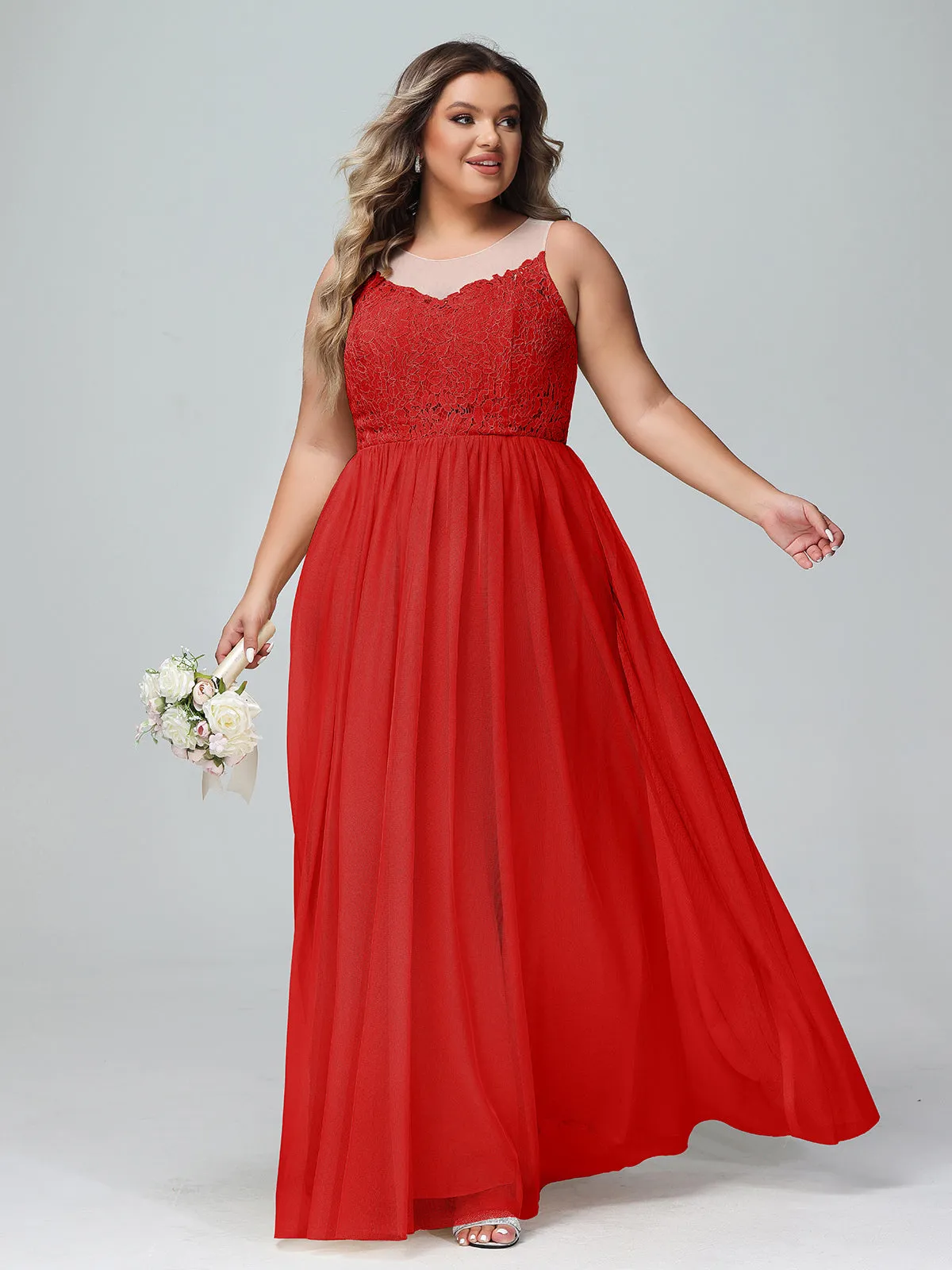 Illusion Neckline Lace and Tulle Maxi Dress-Red Plus Size