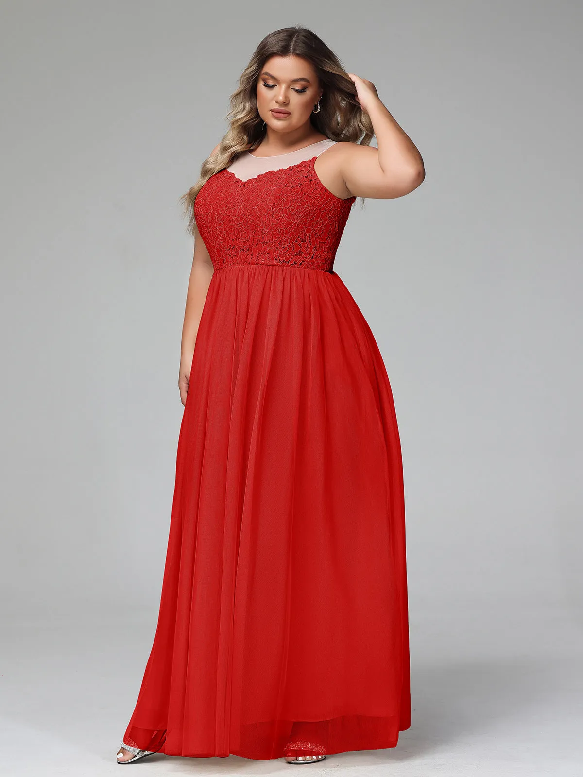 Illusion Neckline Lace and Tulle Maxi Dress-Red Plus Size