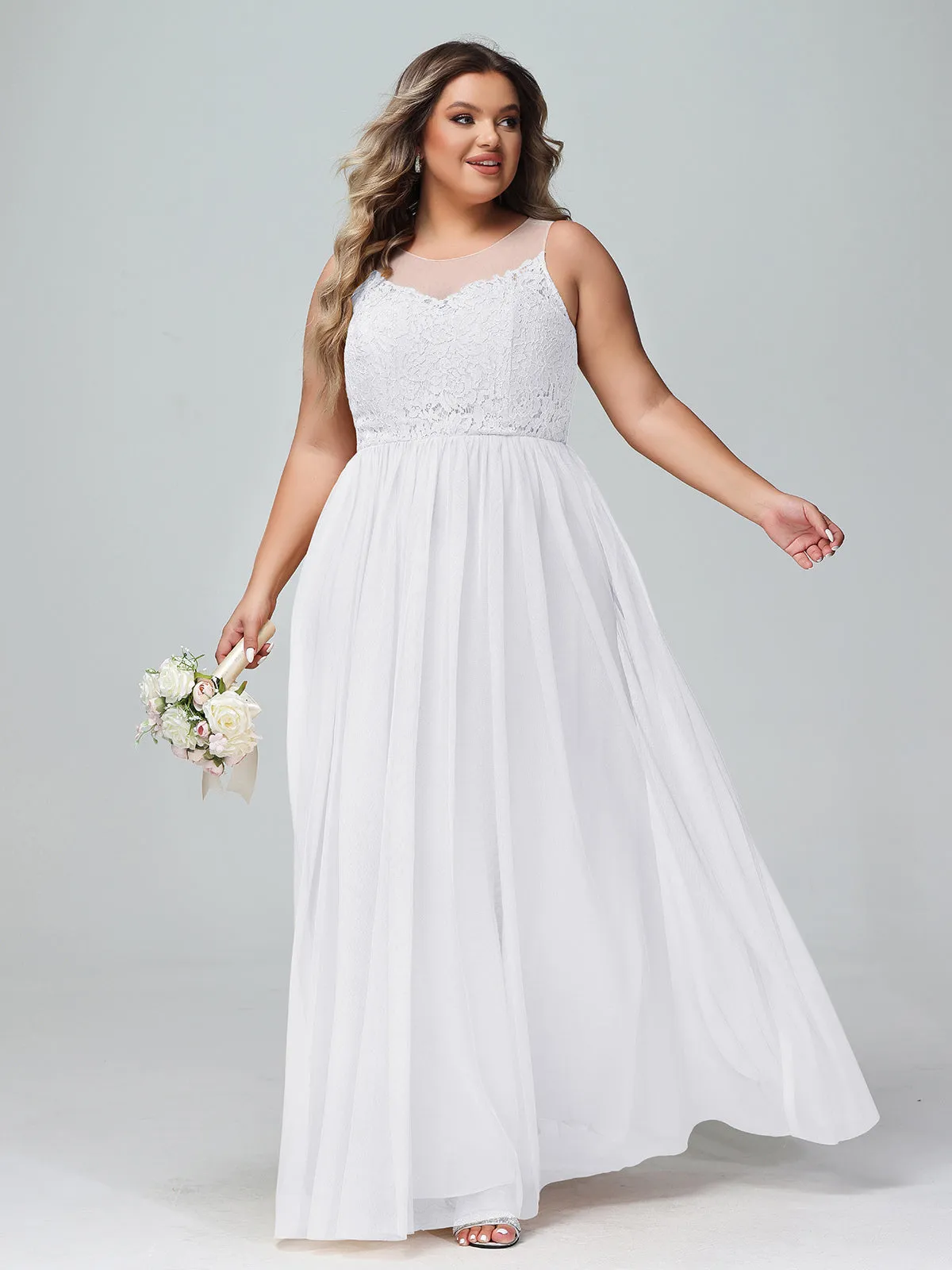 Illusion Neckline Lace and Tulle Maxi Dress-White Plus Size