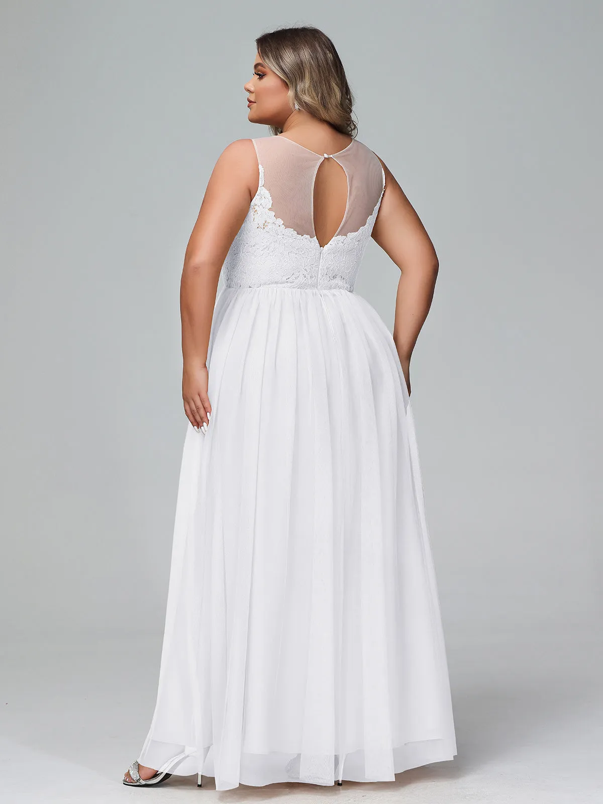 Illusion Neckline Lace and Tulle Maxi Dress-White Plus Size
