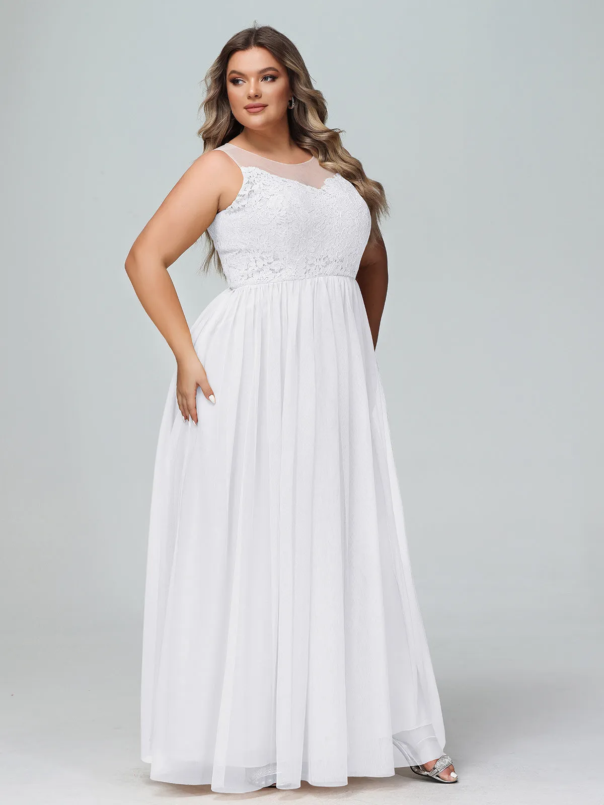 Illusion Neckline Lace and Tulle Maxi Dress-White Plus Size