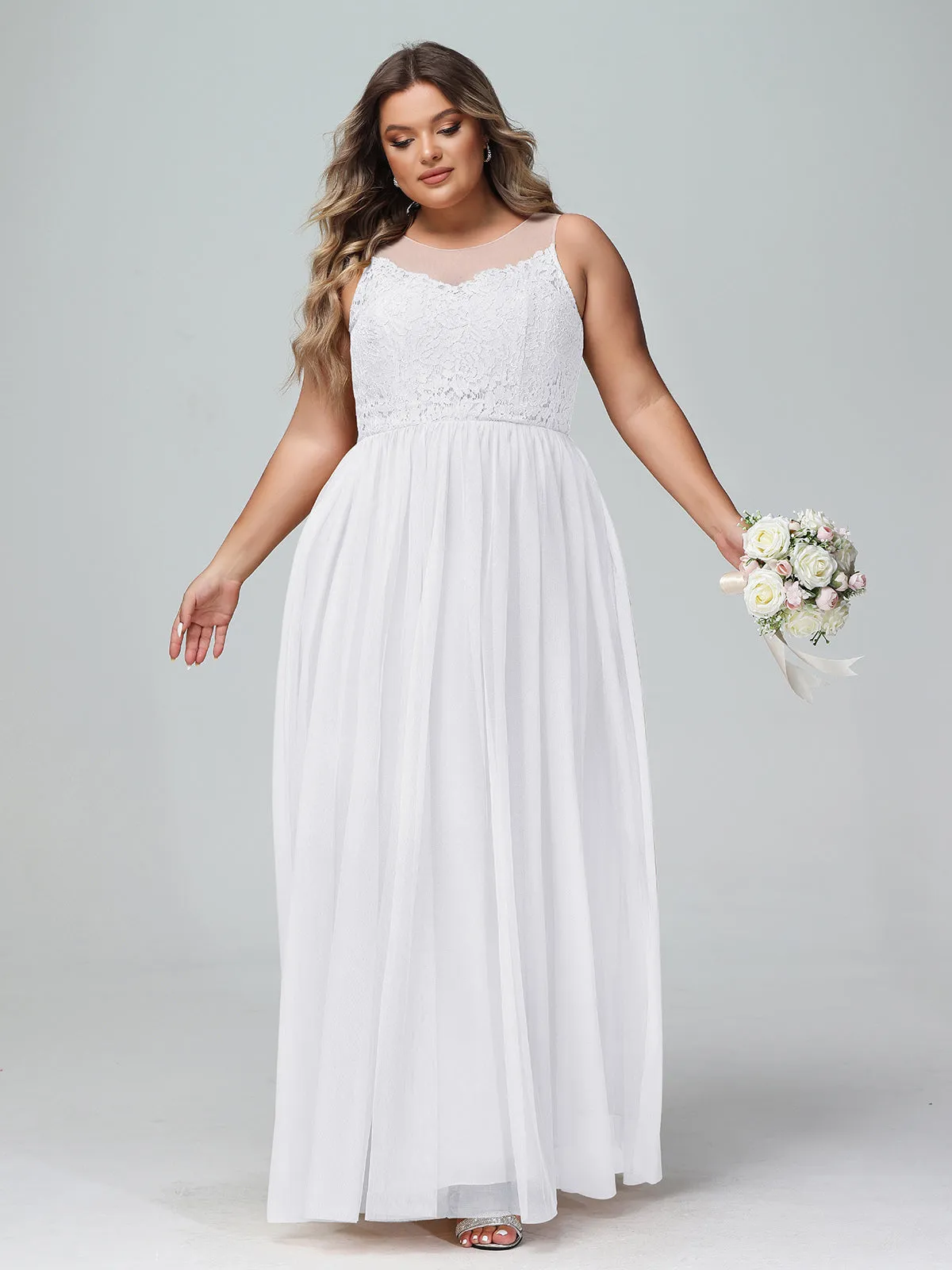 Illusion Neckline Lace and Tulle Maxi Dress-White Plus Size