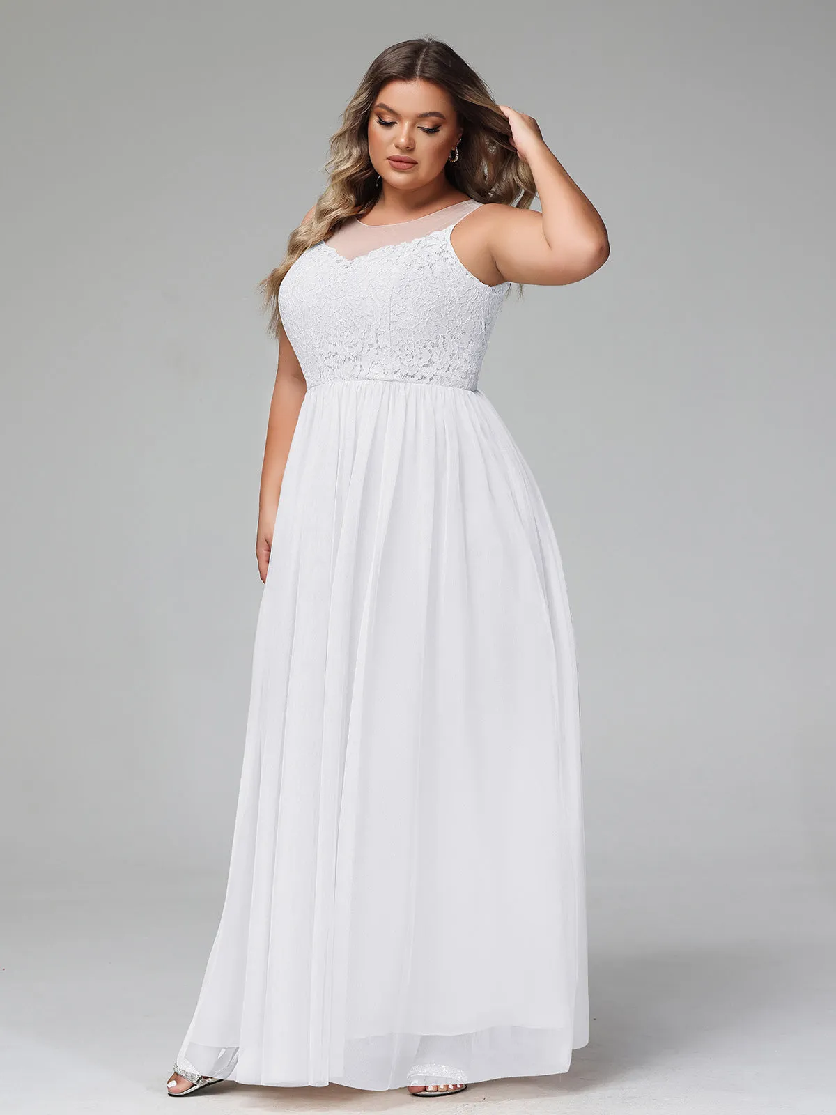 Illusion Neckline Lace and Tulle Maxi Dress-White Plus Size