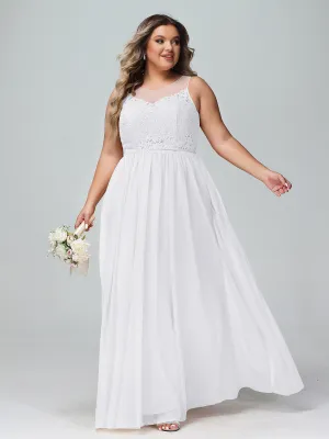 Illusion Neckline Lace and Tulle Maxi Dress-White Plus Size