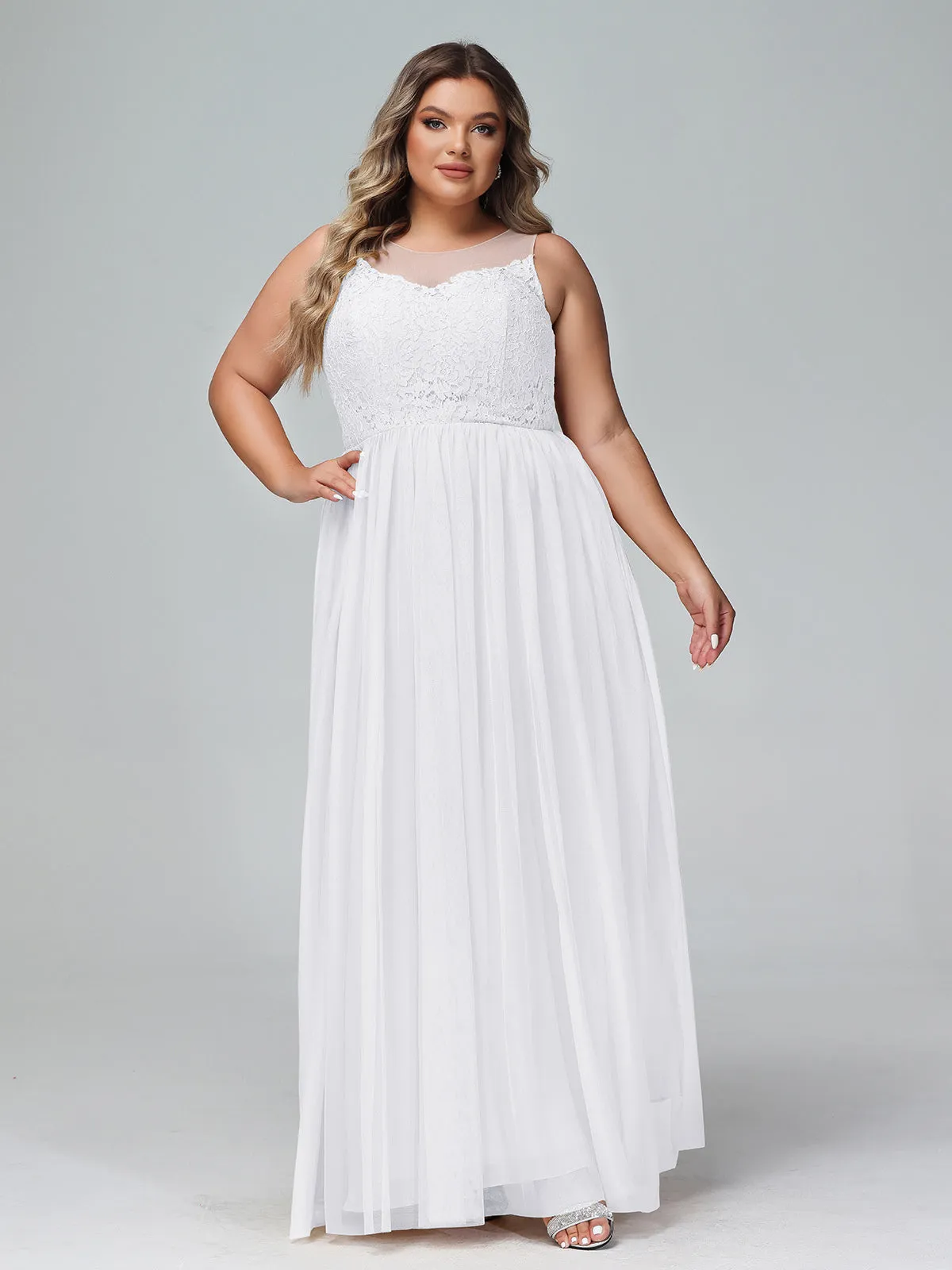 Illusion Neckline Lace and Tulle Maxi Dress-White Plus Size