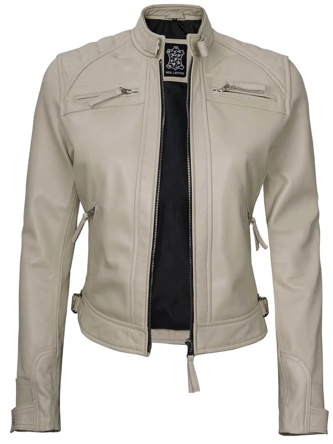 Johnson Women Beige Cafe Racer Leather Jacket