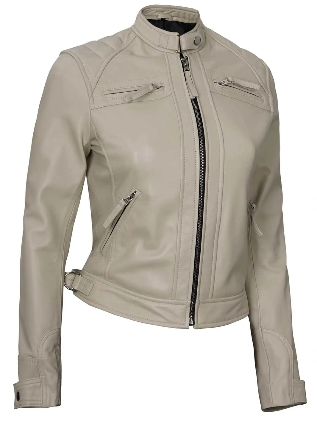 Johnson Women Beige Cafe Racer Leather Jacket