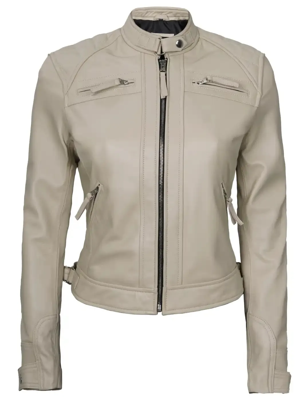 Johnson Women Beige Cafe Racer Leather Jacket