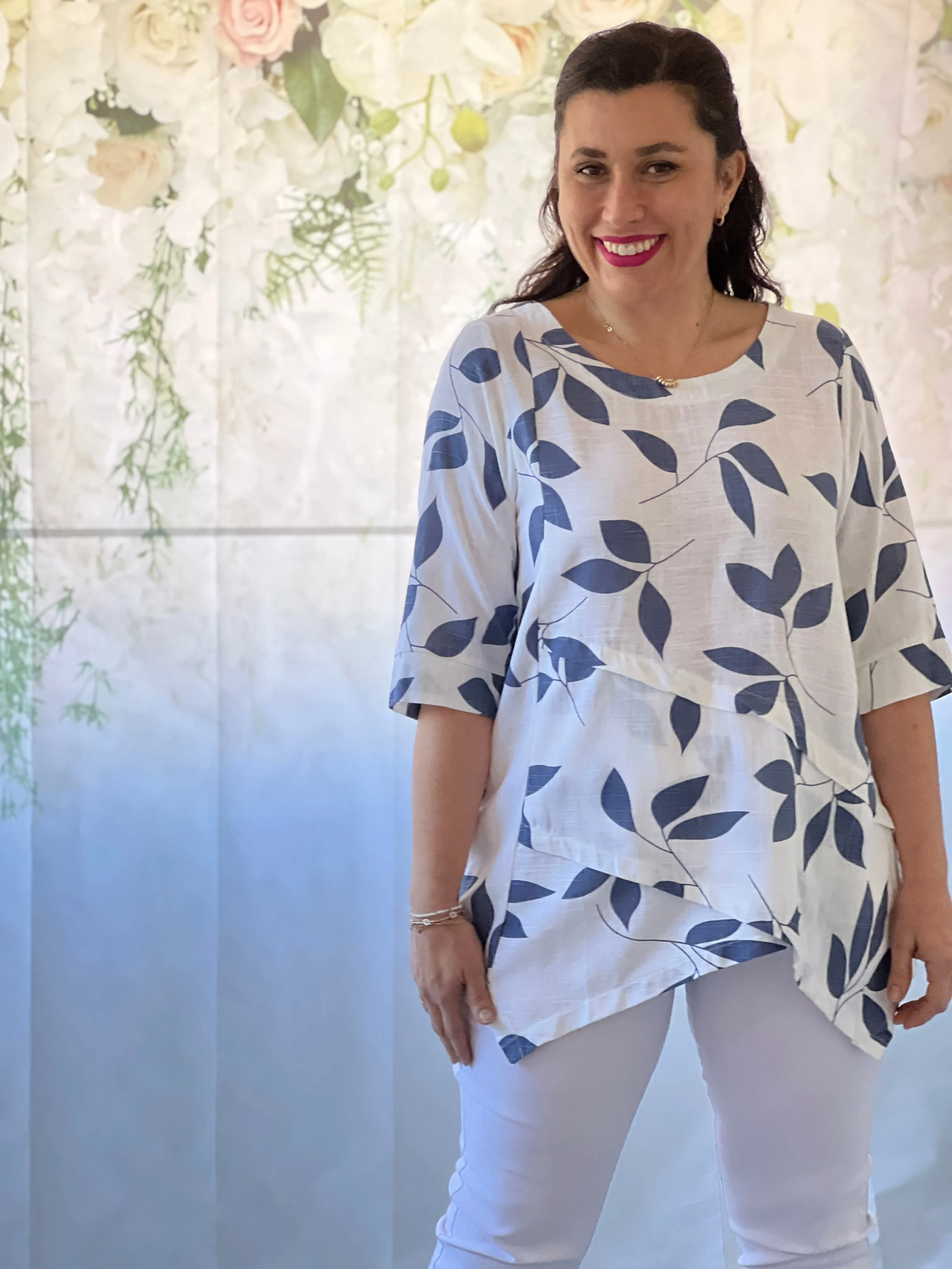 Karla Blue Leaf Linen Top