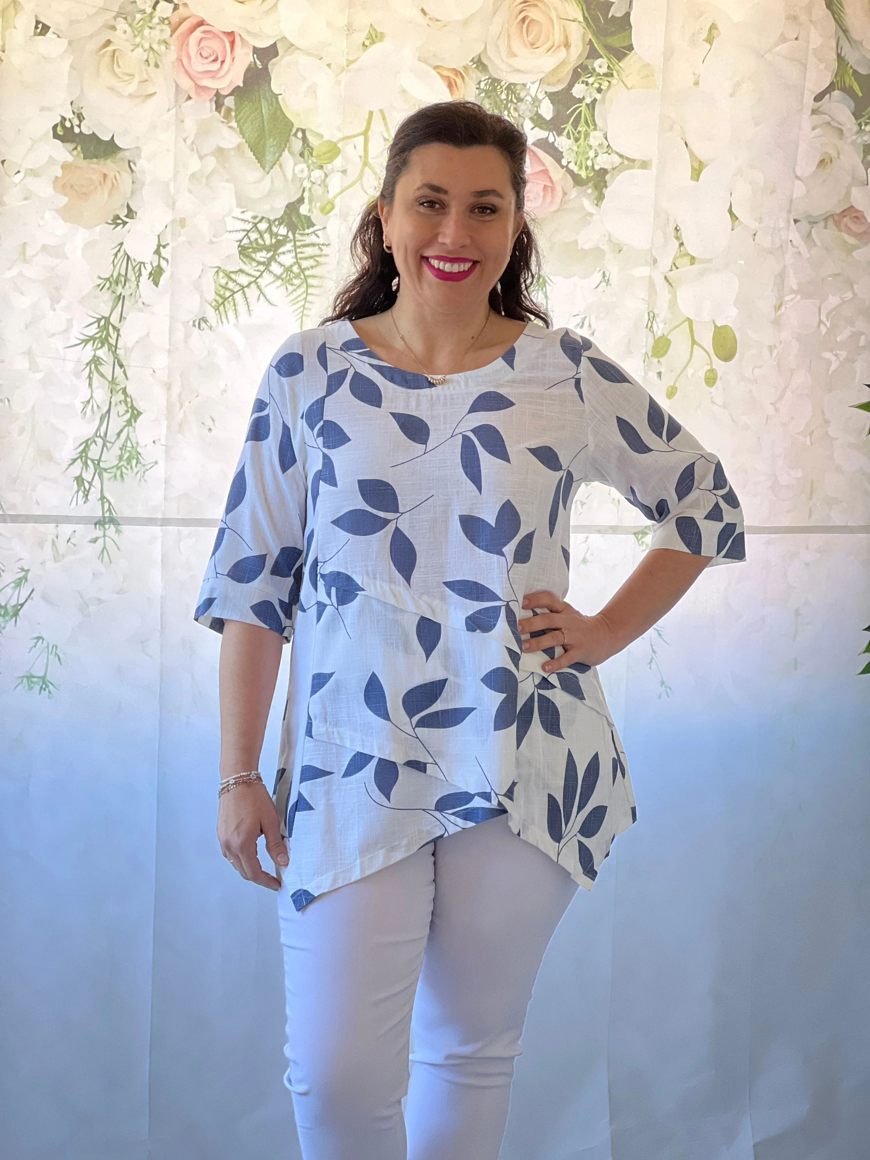 Karla Blue Leaf Linen Top