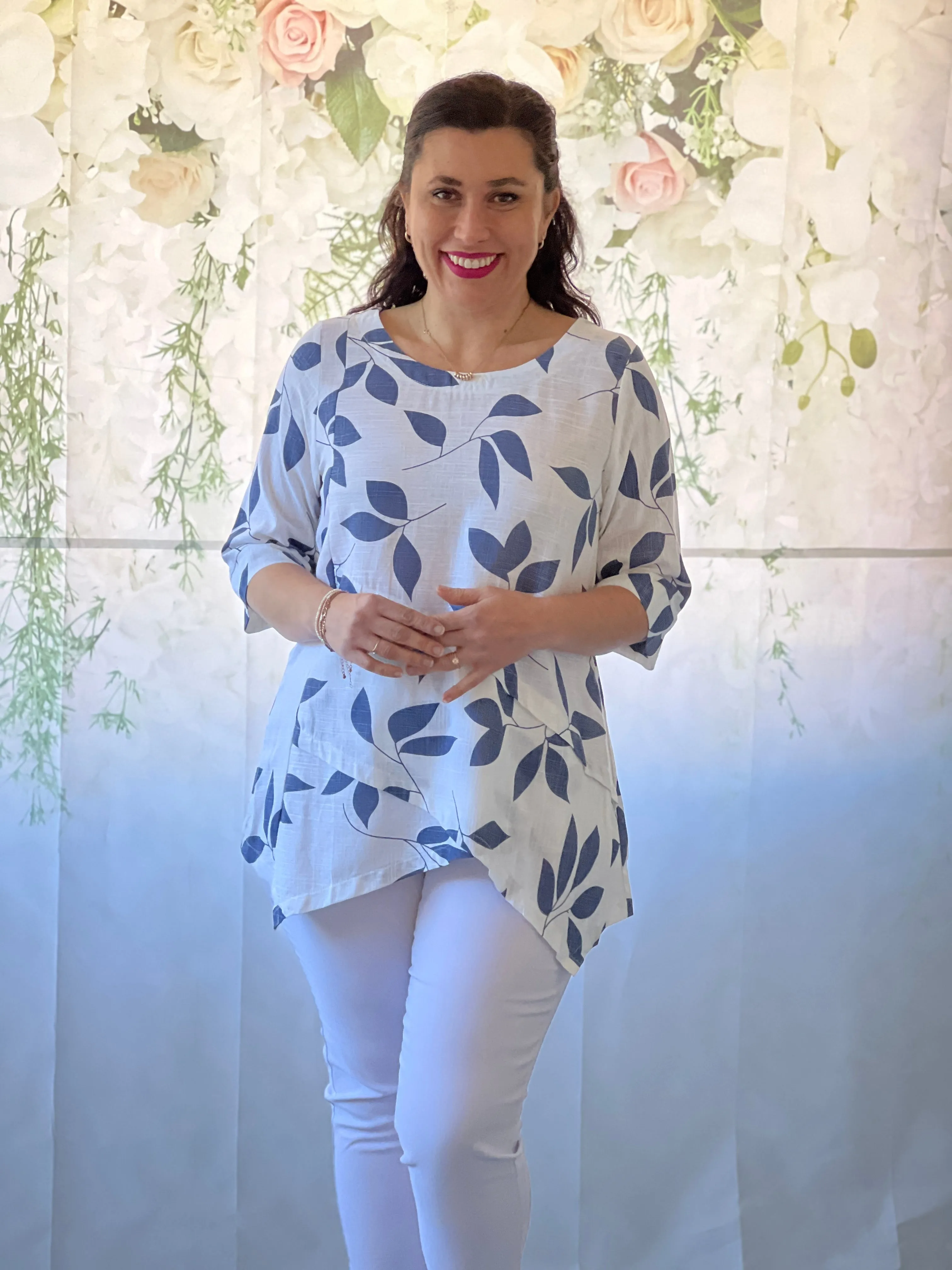 Karla Blue Leaf Linen Top