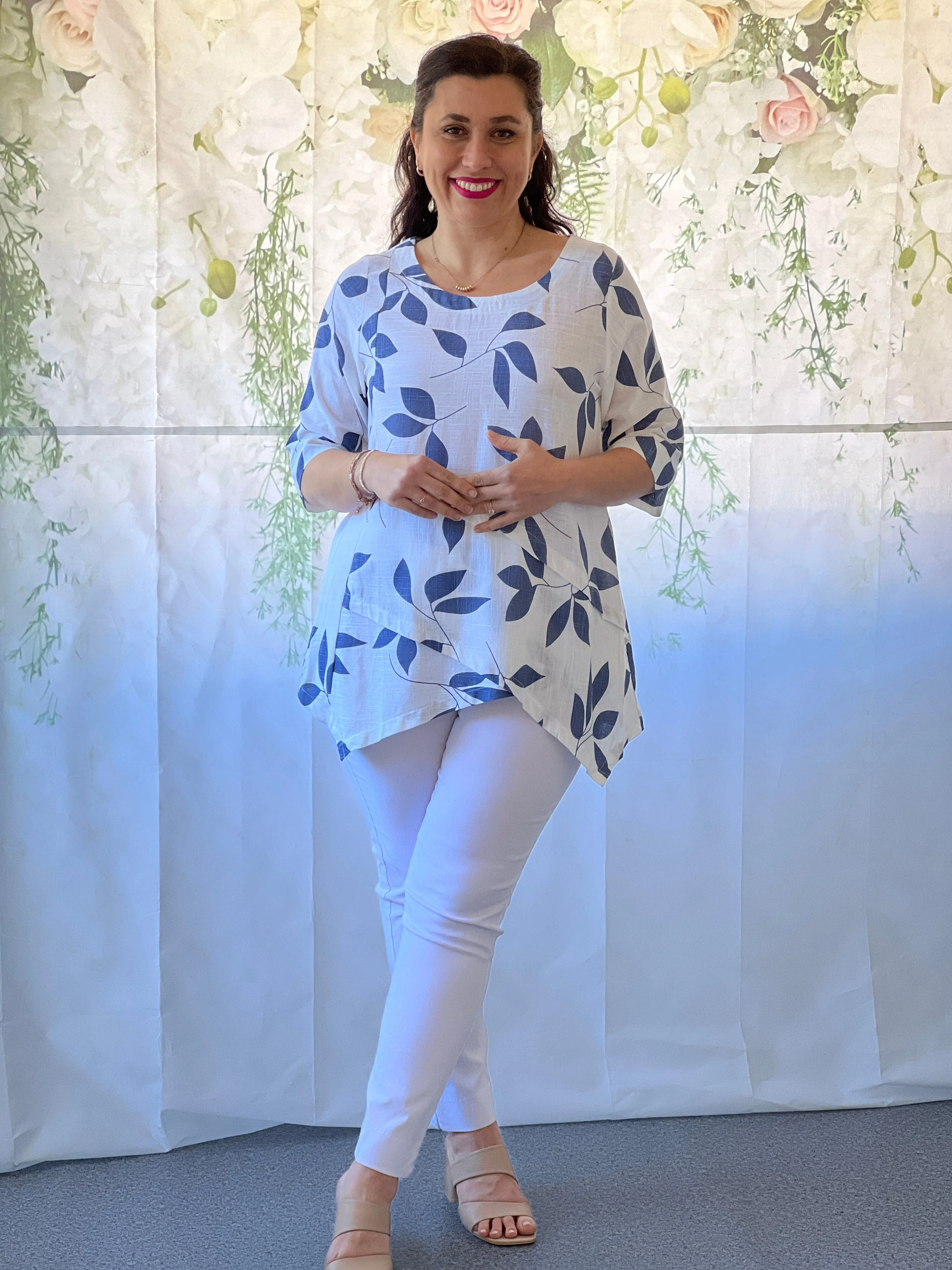 Karla Blue Leaf Linen Top