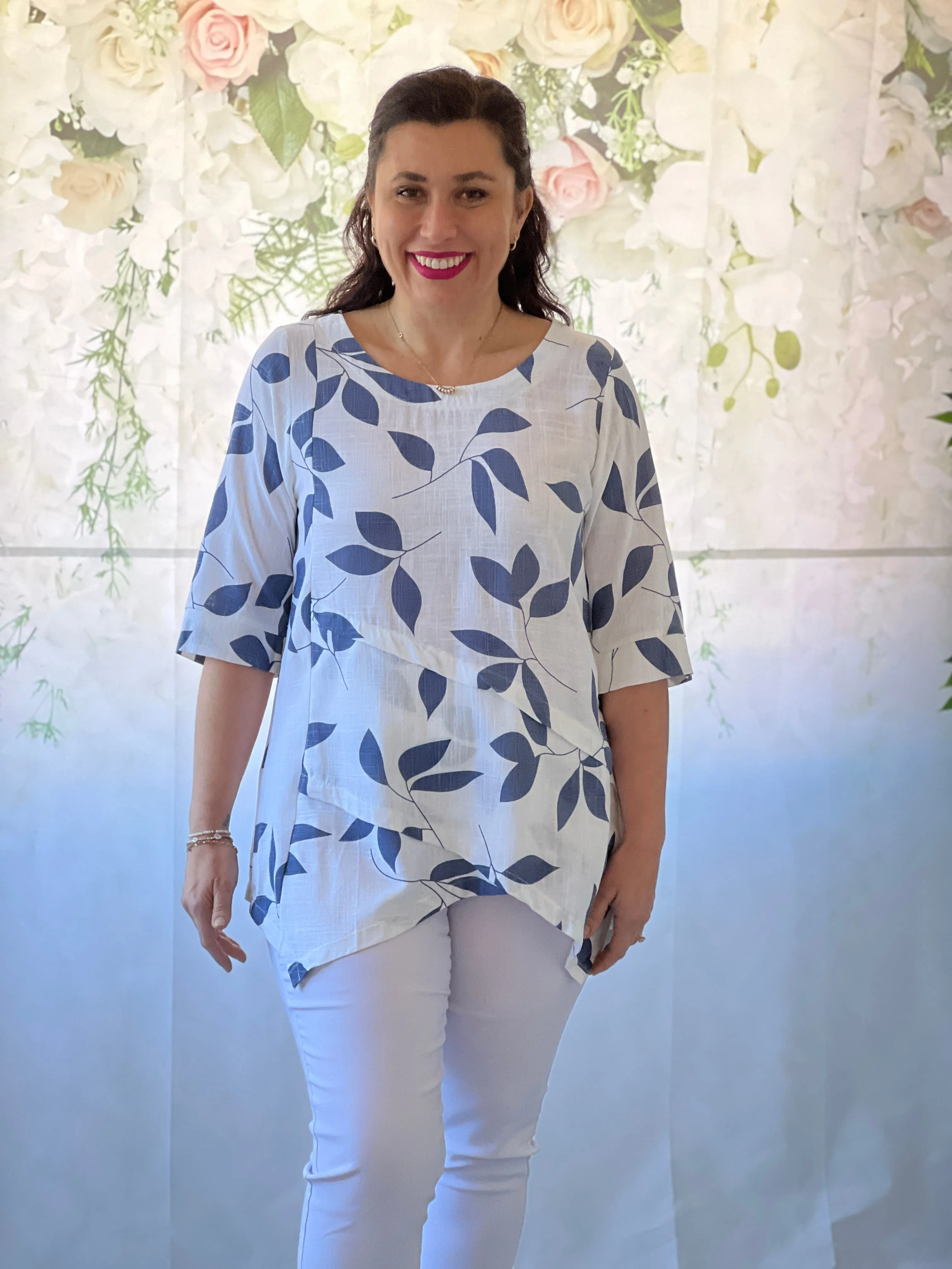 Karla Blue Leaf Linen Top