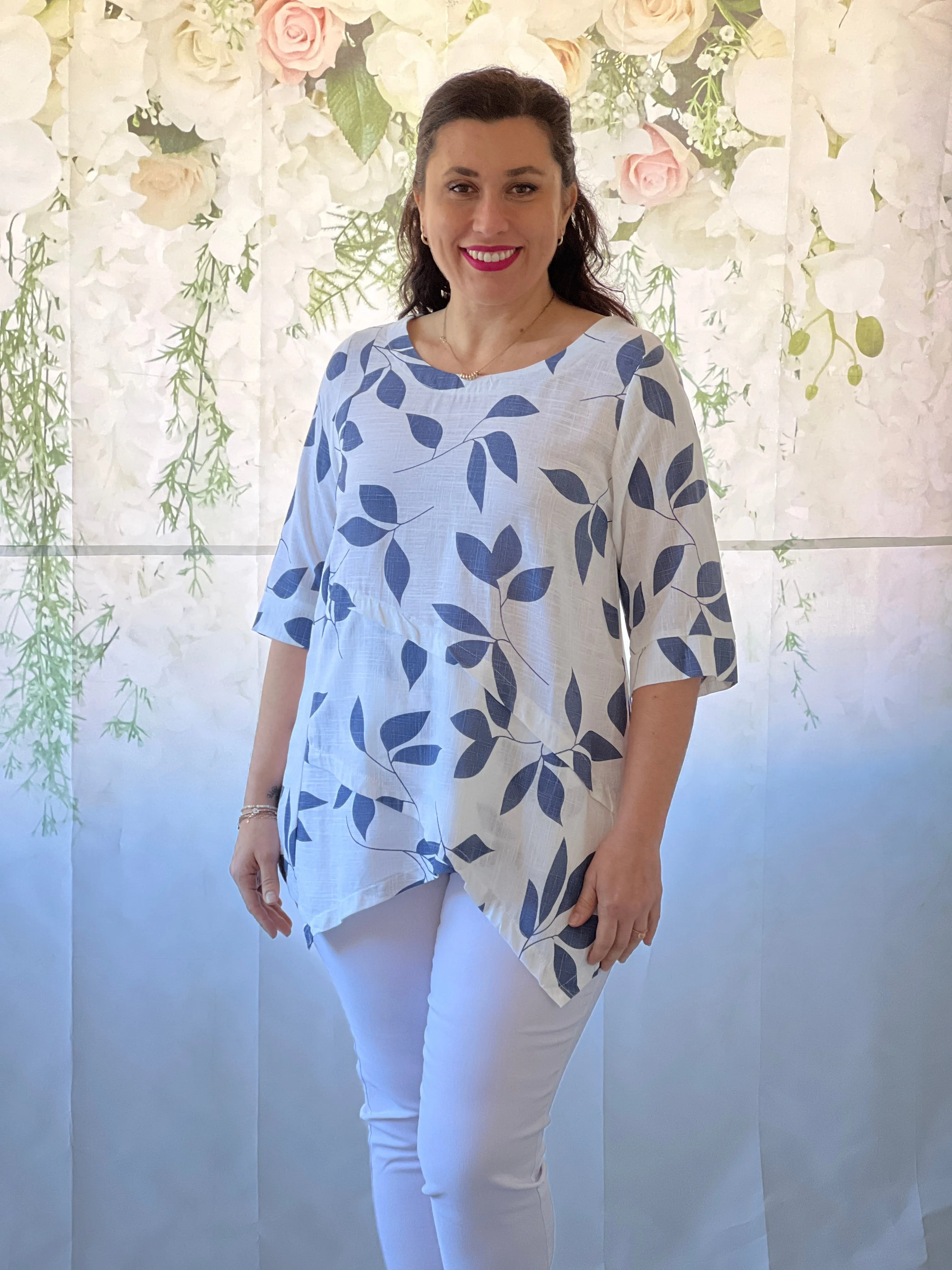 Karla Blue Leaf Linen Top