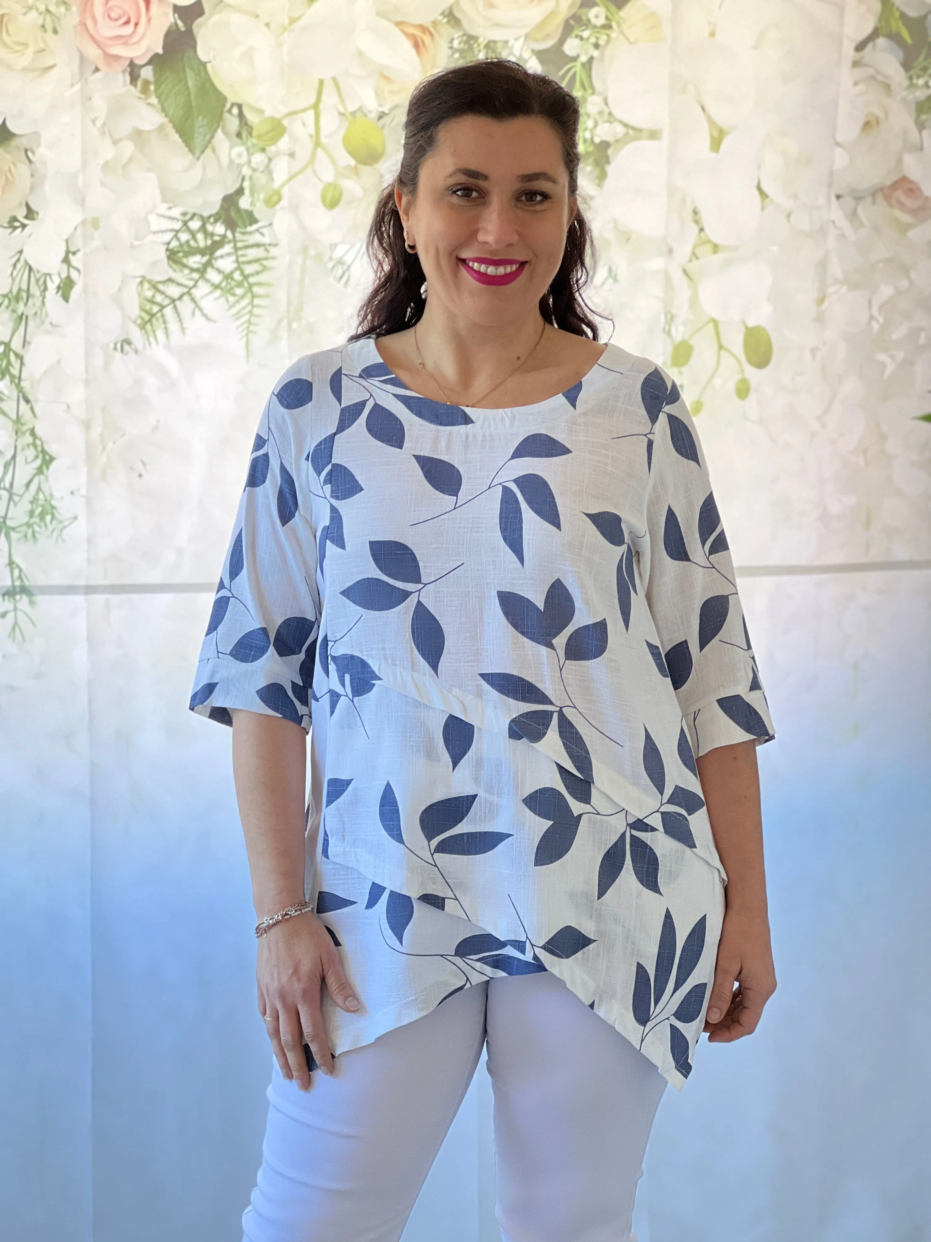 Karla Blue Leaf Linen Top