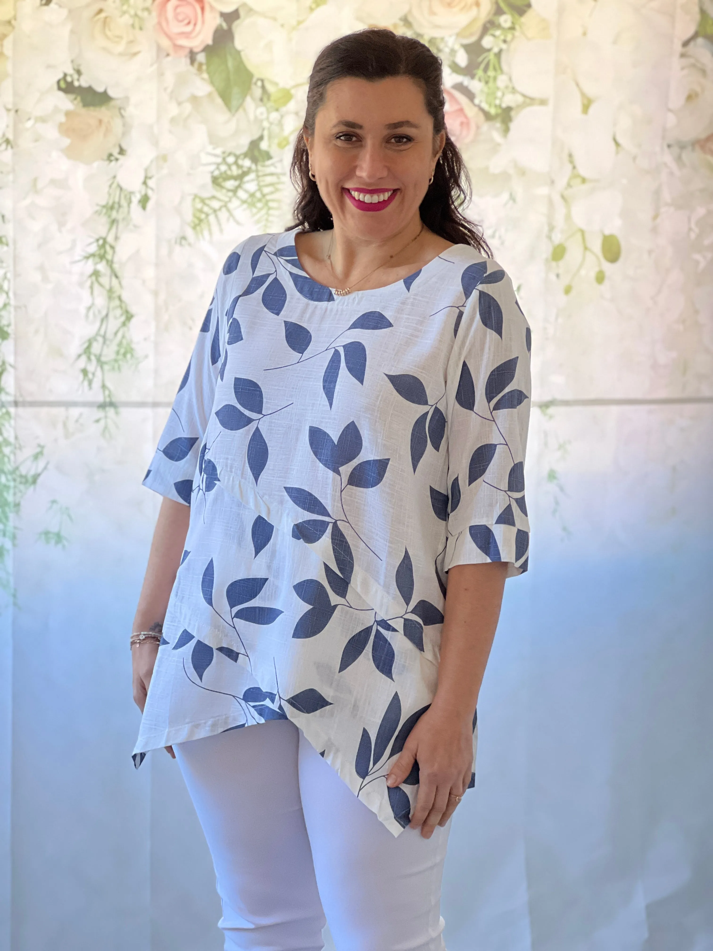 Karla Blue Leaf Linen Top