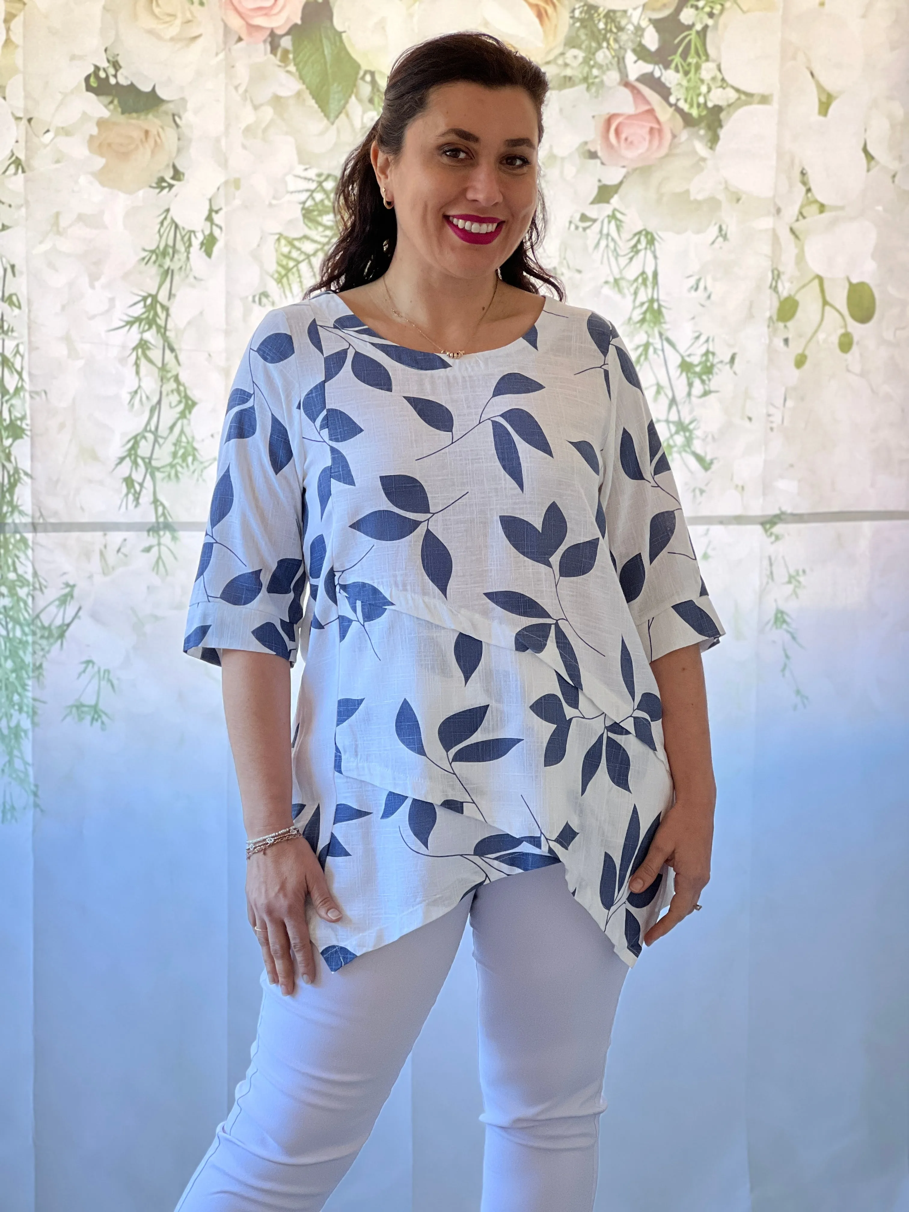 Karla Blue Leaf Linen Top