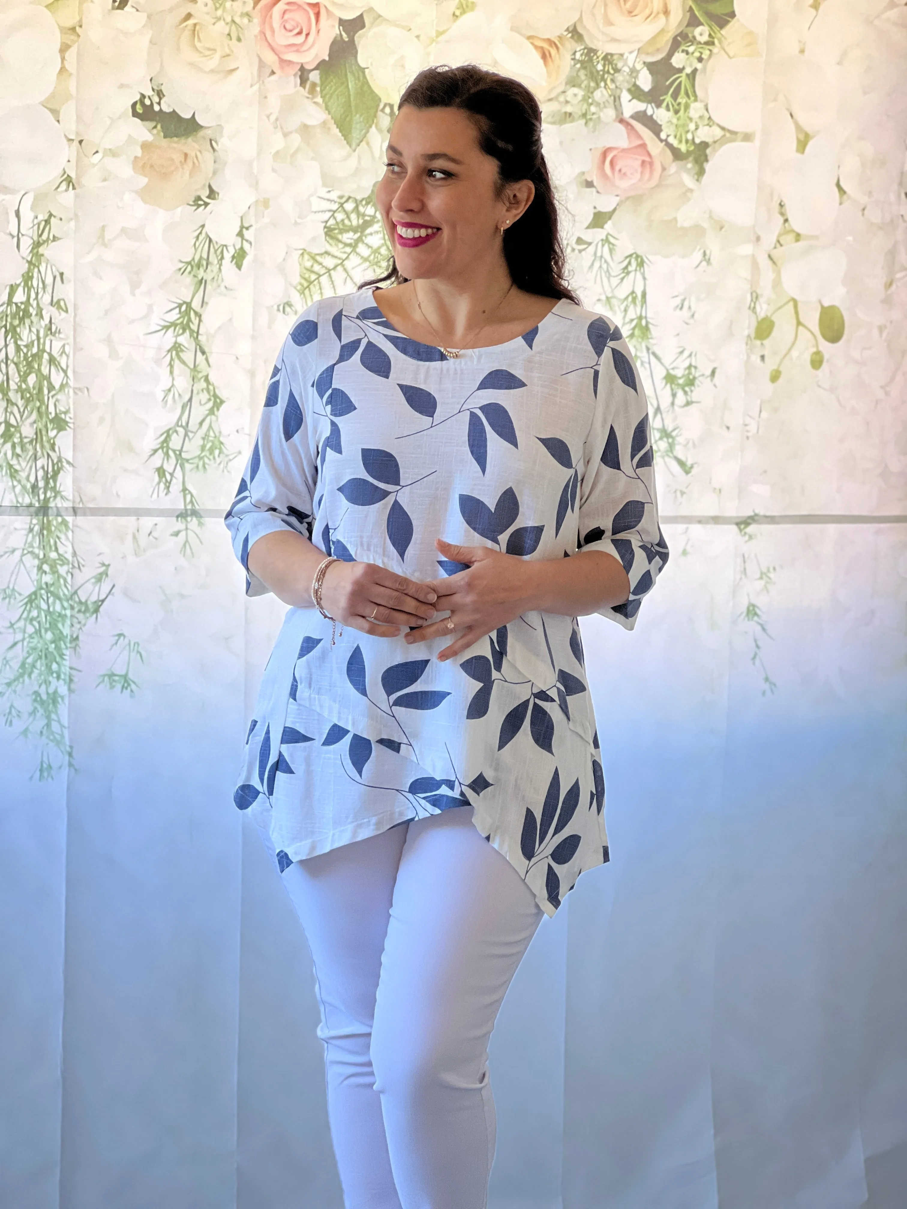 Karla Blue Leaf Linen Top