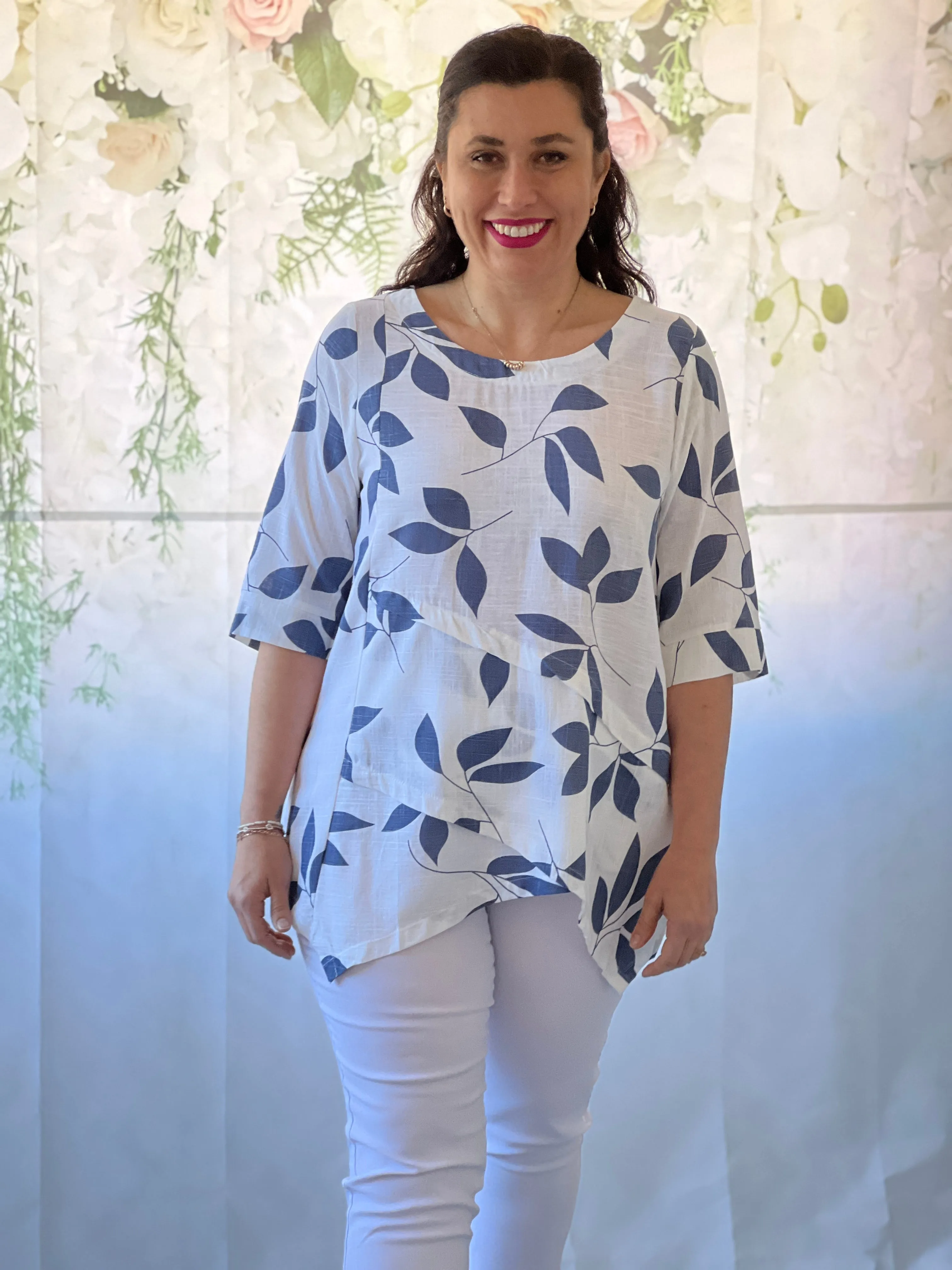 Karla Blue Leaf Linen Top