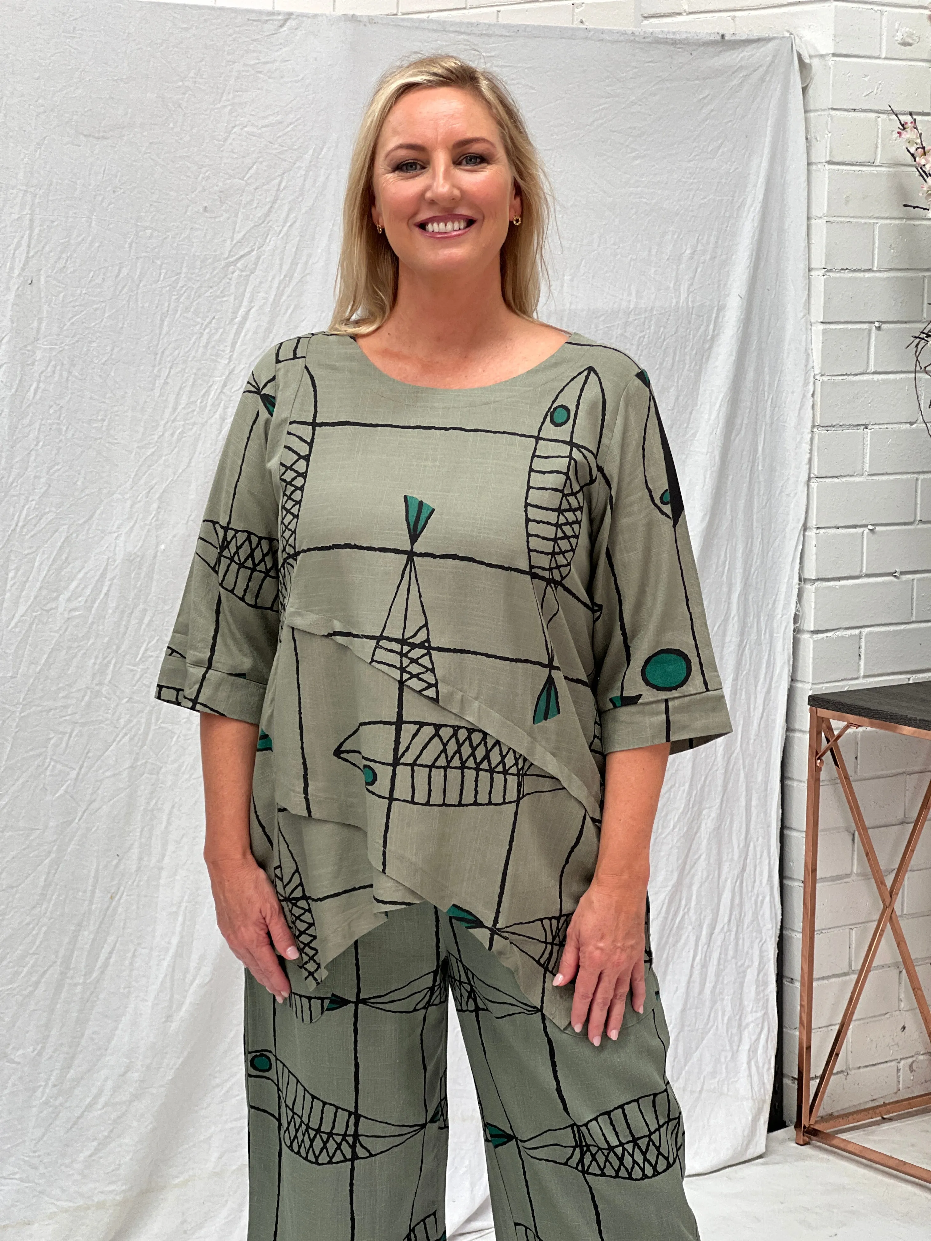 Karla Fishbone Khaki Linen Top