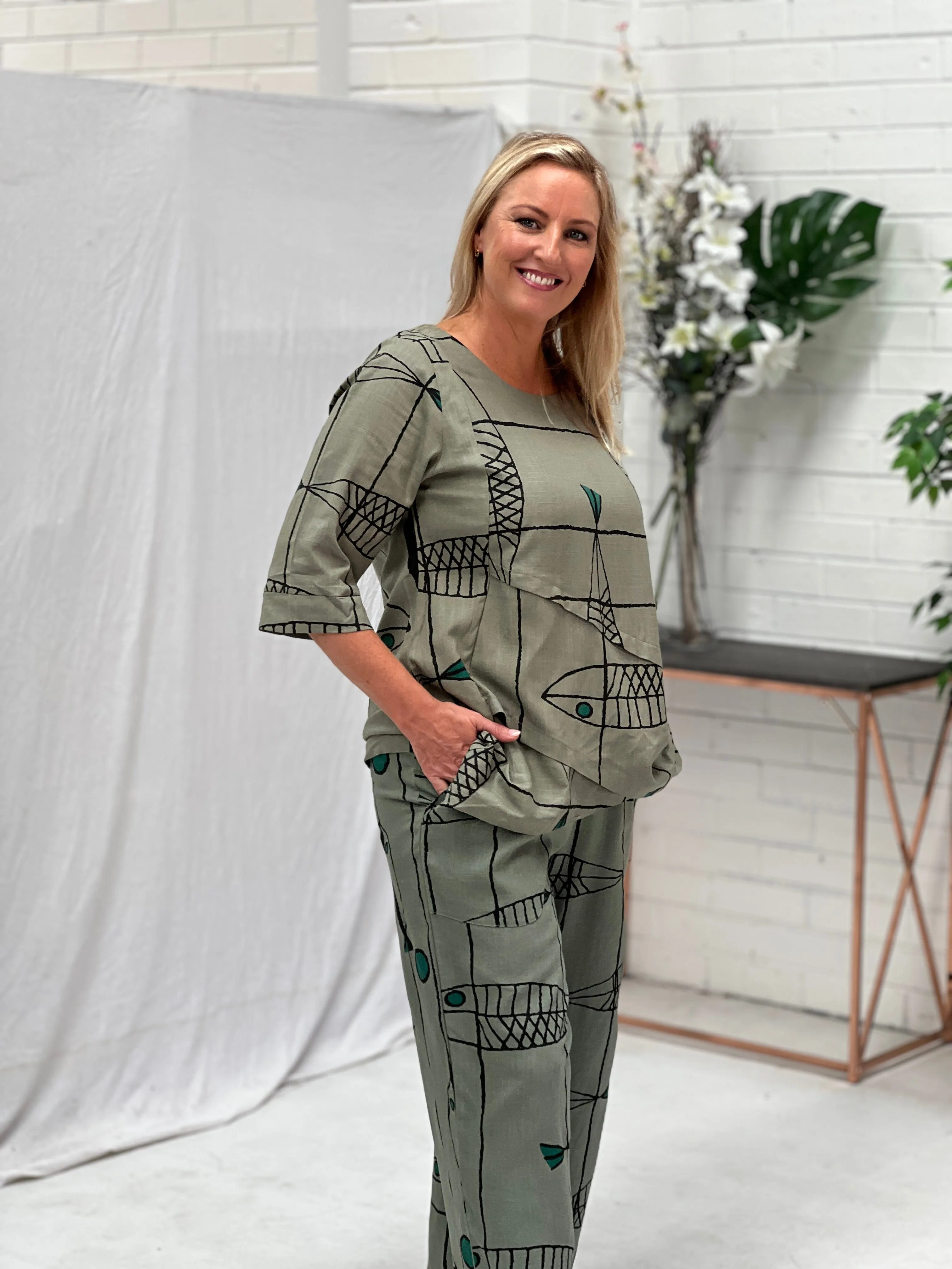 Karla Fishbone Khaki Linen Top