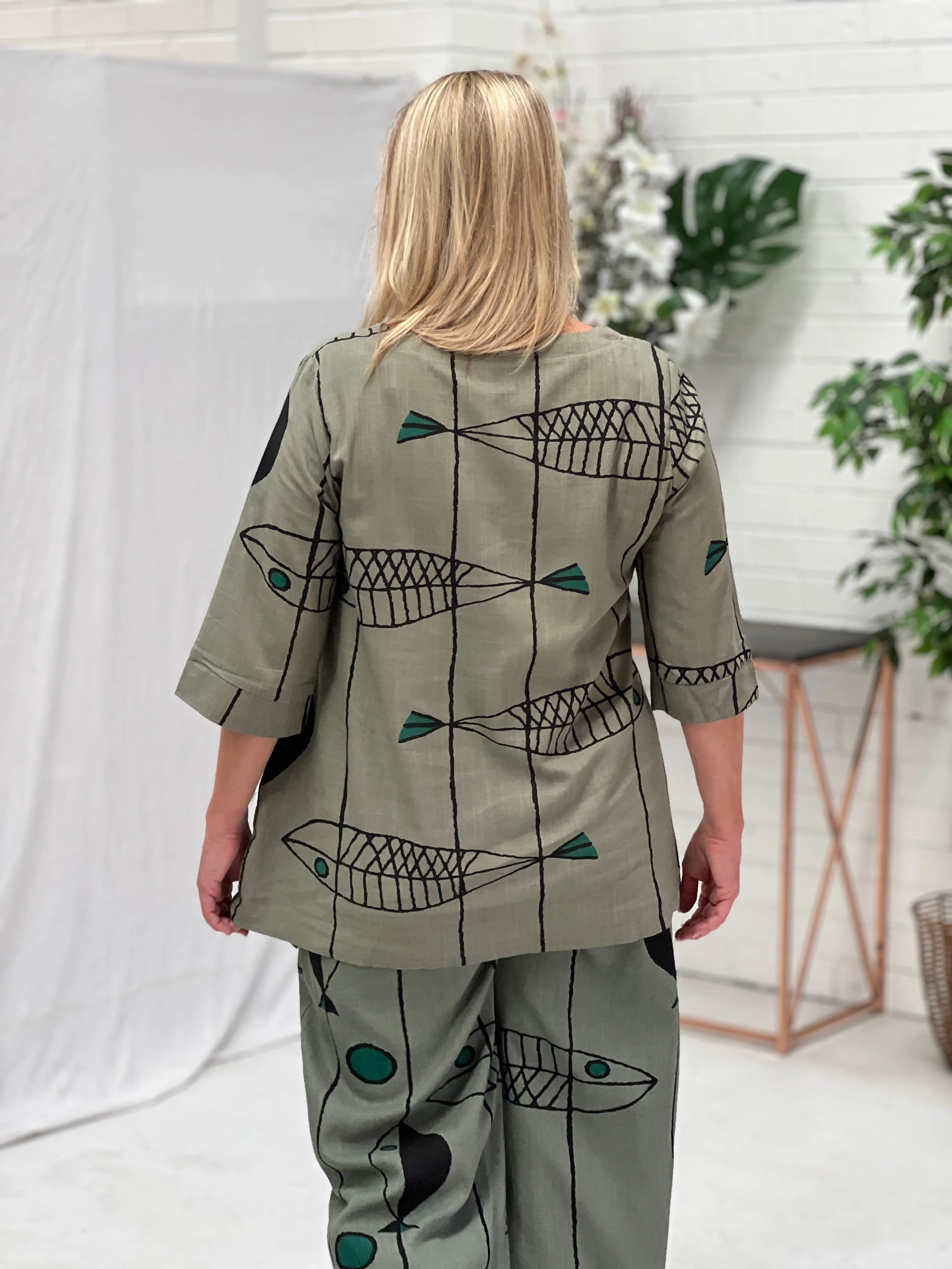Karla Fishbone Khaki Linen Top