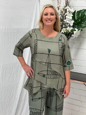 Karla Fishbone Khaki Linen Top