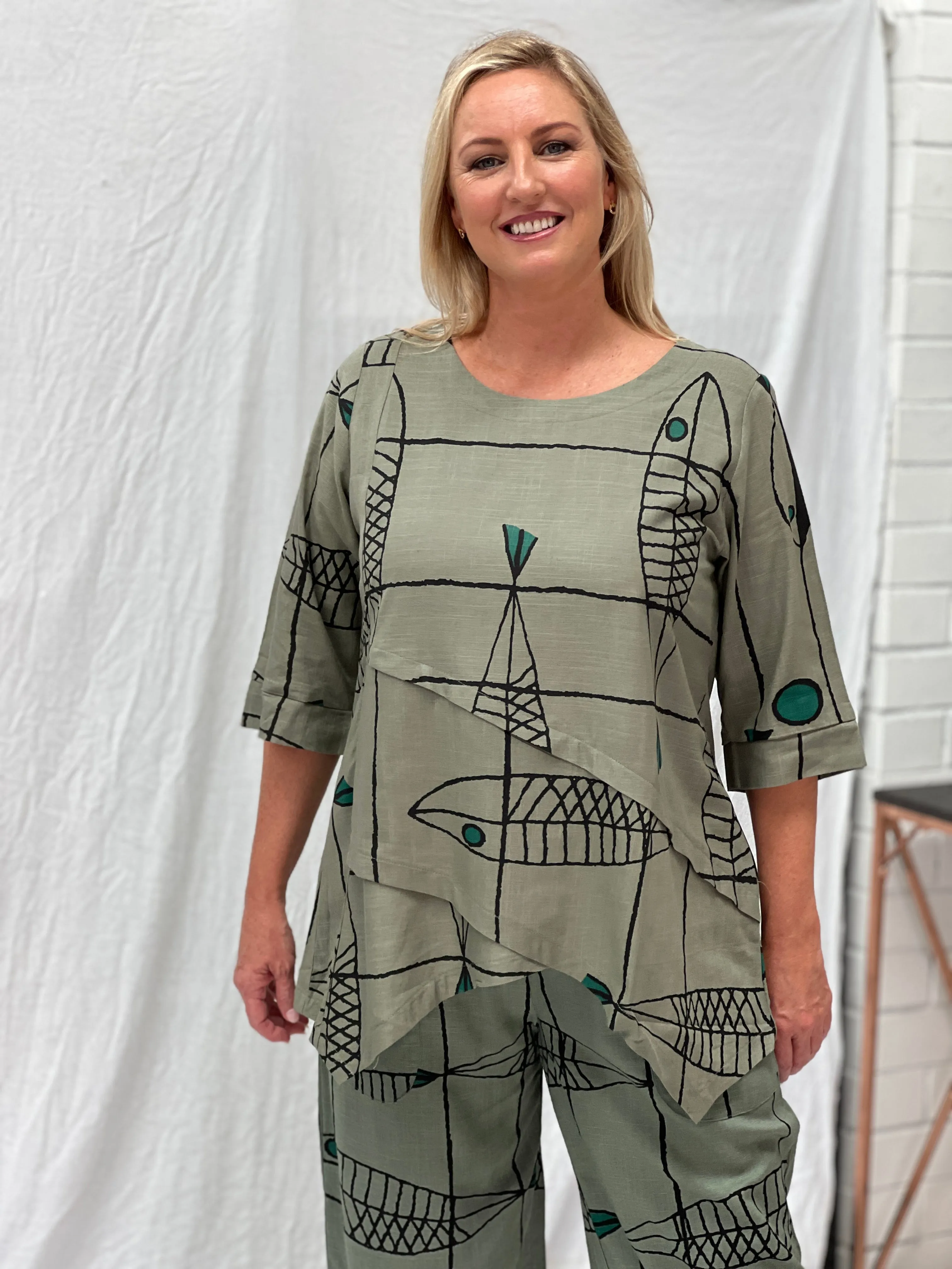 Karla Fishbone Khaki Linen Top