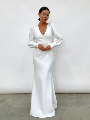 Kate Plunge Maxi Dress - White Crepe