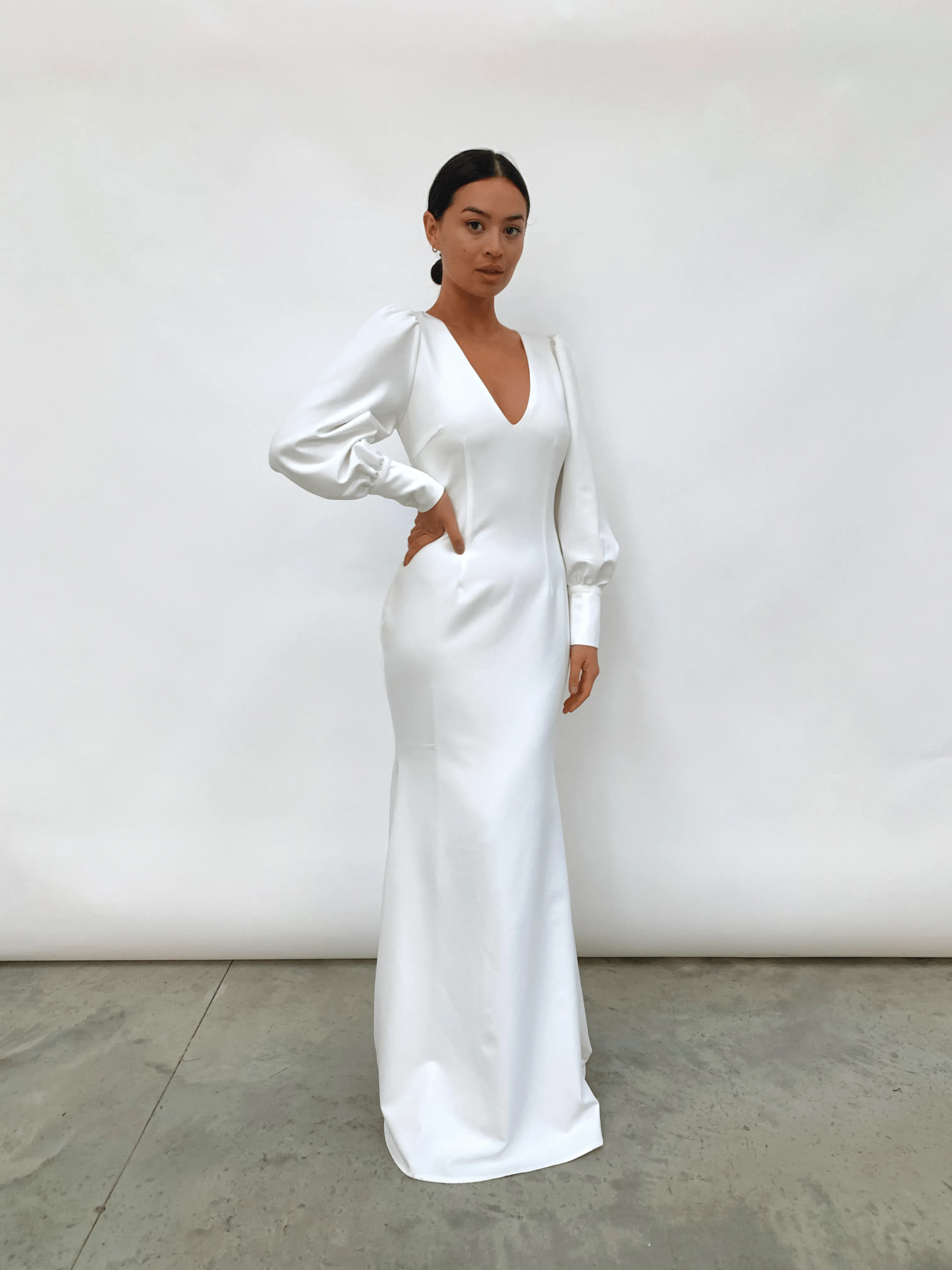 Kate Plunge Maxi Dress - White Crepe
