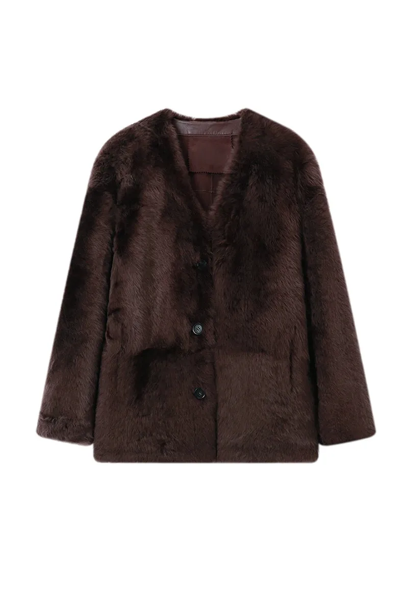 Luxe V-Neck Spain Lacon Sheepskin Shearling Coat
