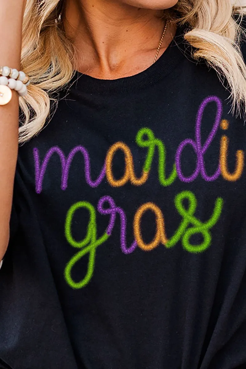 Mardi Gras Faux Tinsel Transfer Short Sleeve Relaxed Fit T-Shirt