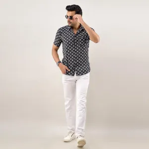 Men Black Regular Fit Cotton Floral Casual Shirt