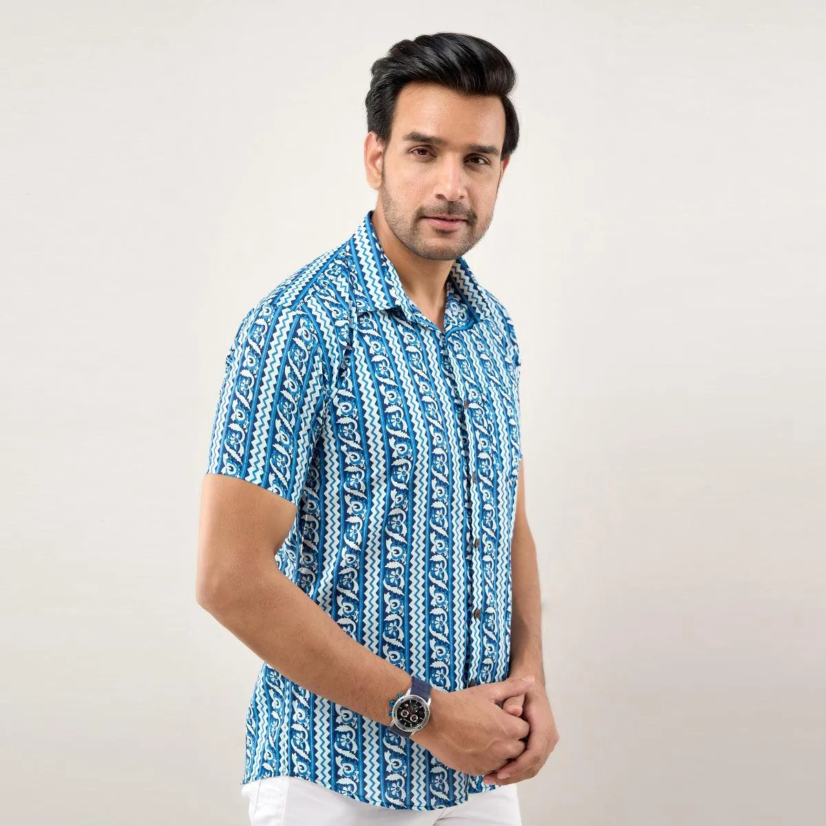 Men Blue Regular Fit Cotton Printed Casual Shirt