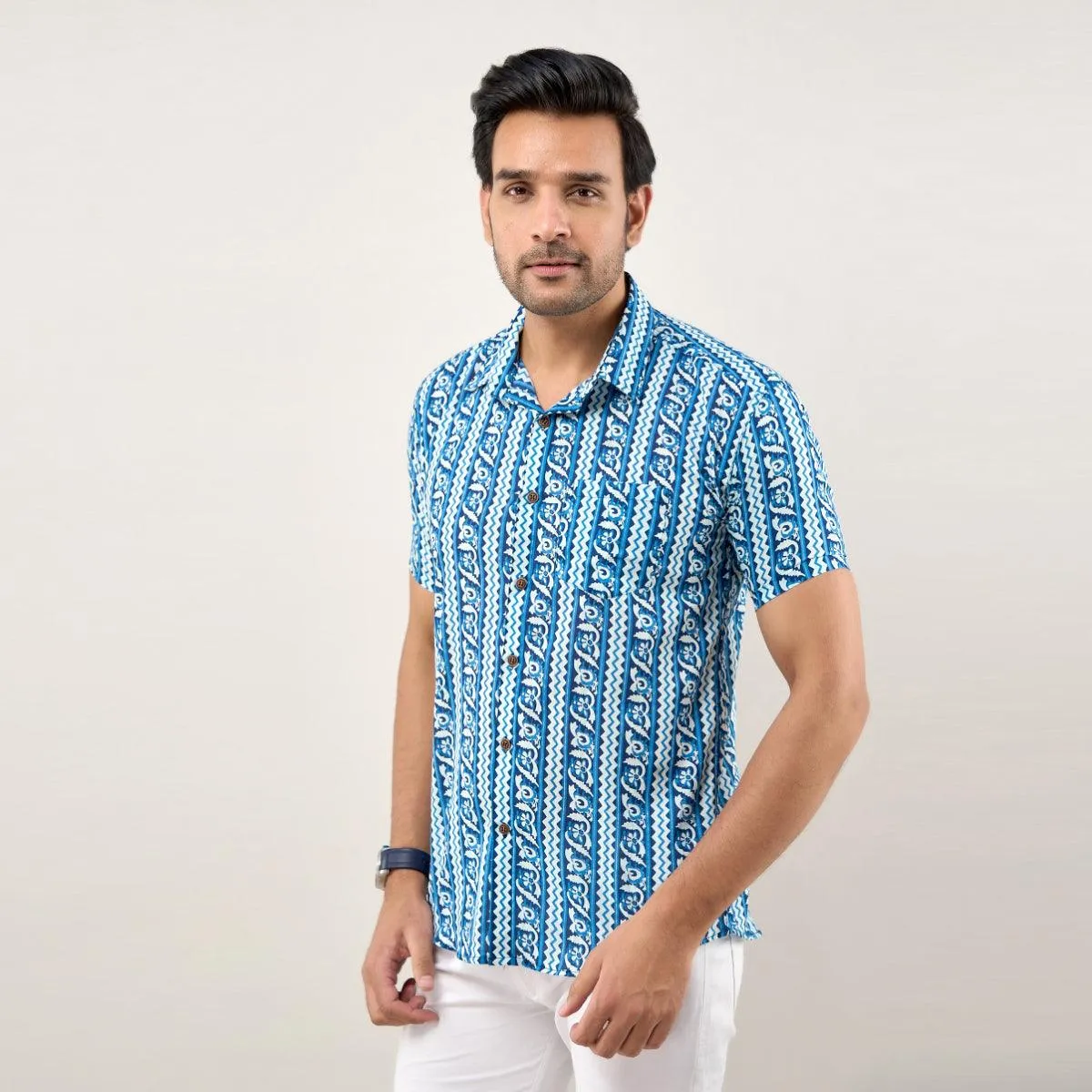 Men Blue Regular Fit Cotton Printed Casual Shirt