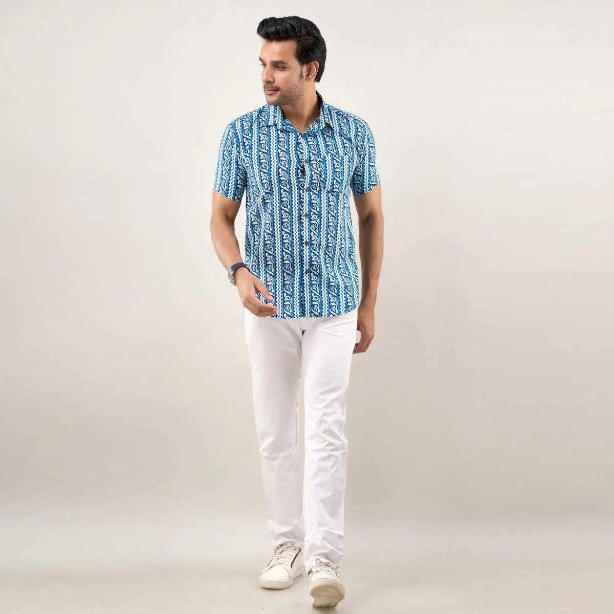 Men Blue Regular Fit Cotton Printed Casual Shirt