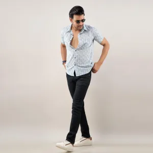 Men Greyish Blue Regular Fit Cotton Floral Casual Shirt