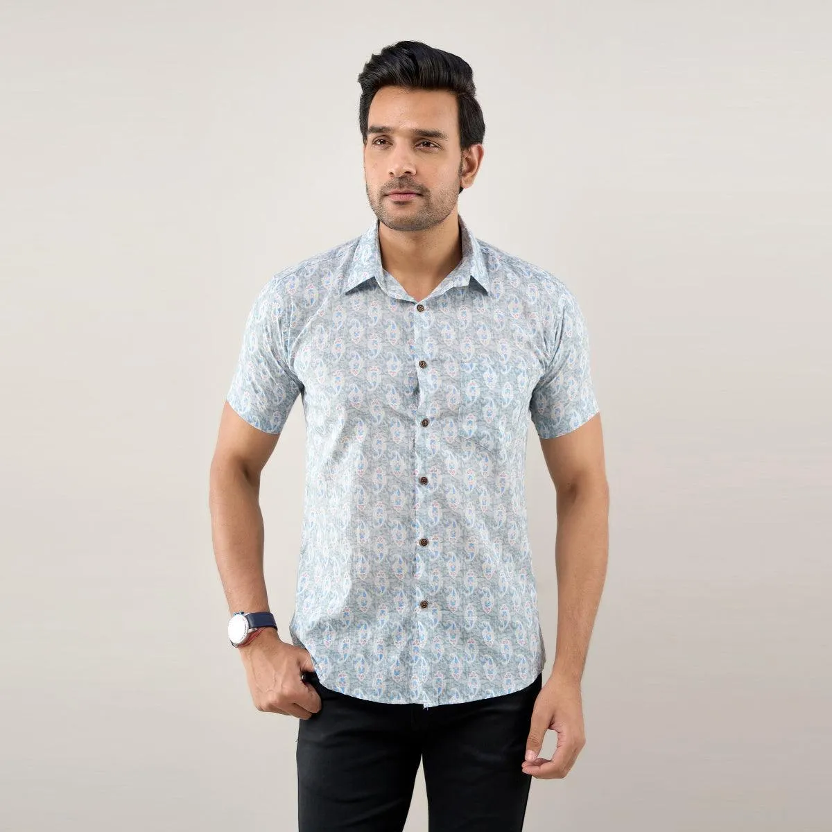 Men Greyish Blue Regular Fit Cotton Floral Casual Shirt