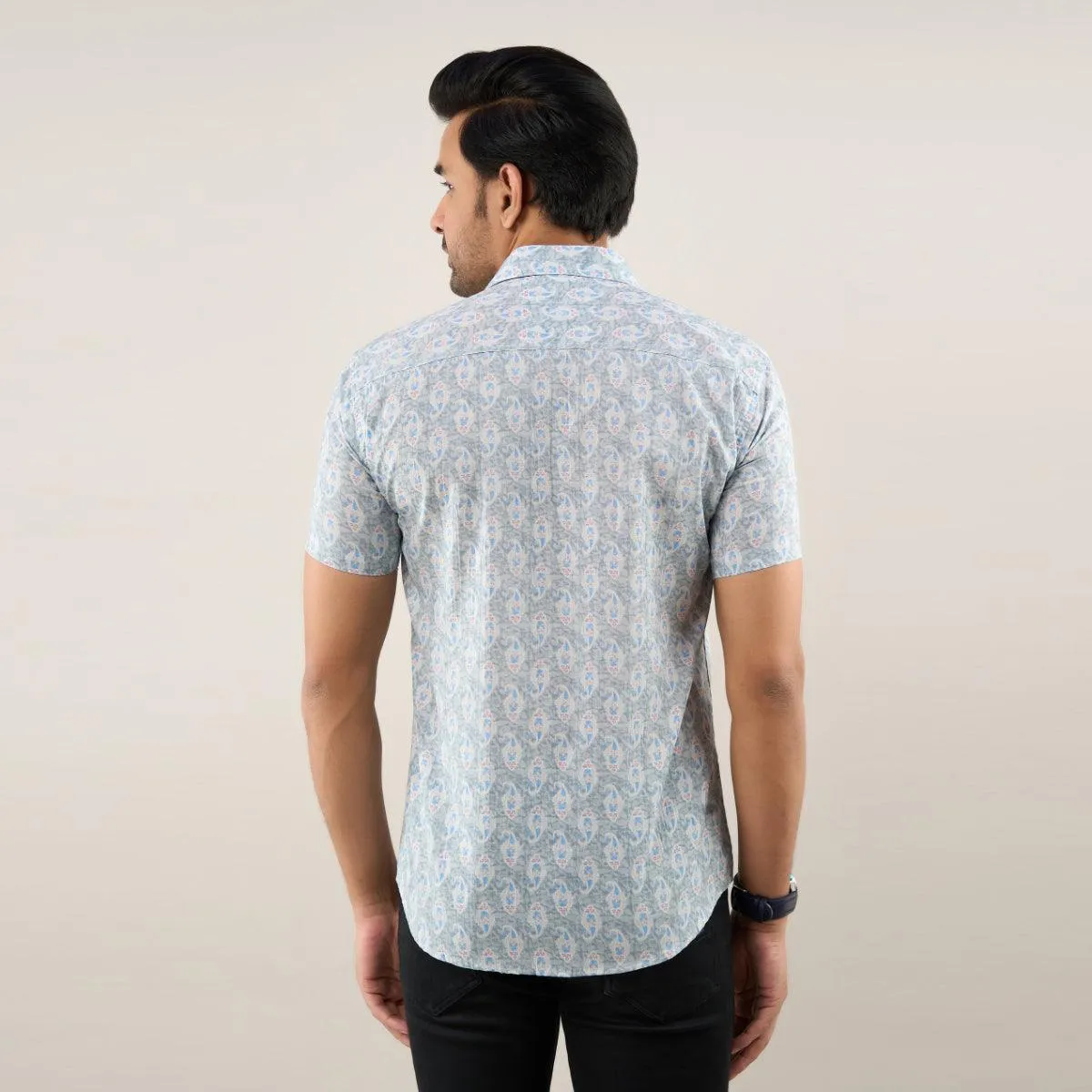 Men Greyish Blue Regular Fit Cotton Floral Casual Shirt