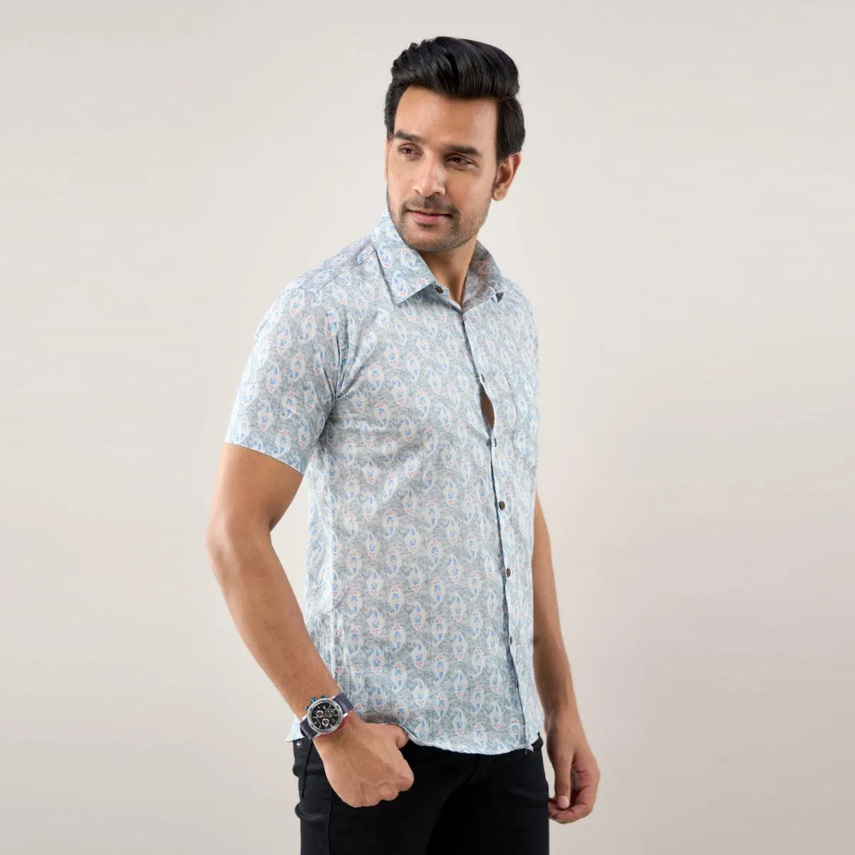 Men Greyish Blue Regular Fit Cotton Floral Casual Shirt