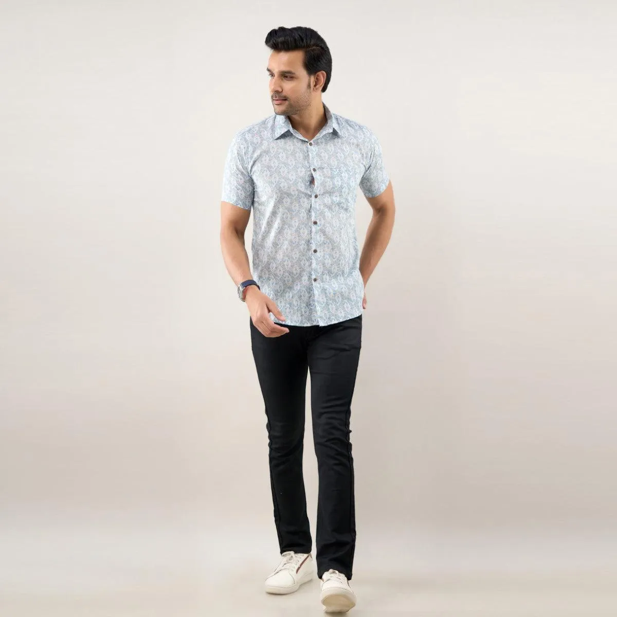 Men Greyish Blue Regular Fit Cotton Floral Casual Shirt