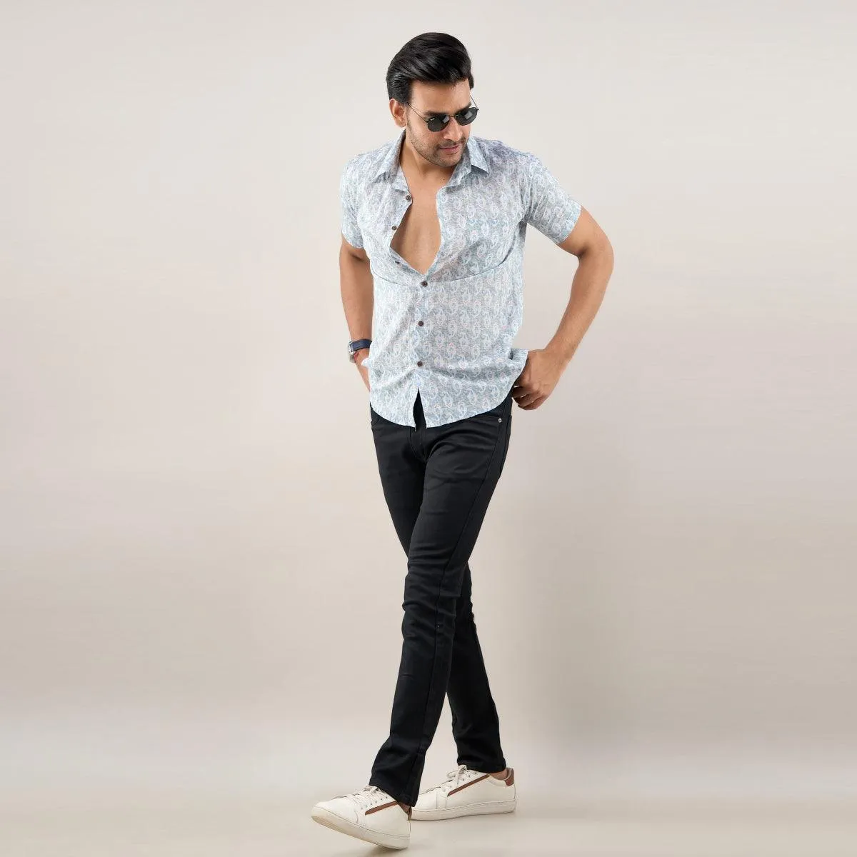 Men Greyish Blue Regular Fit Cotton Floral Casual Shirt