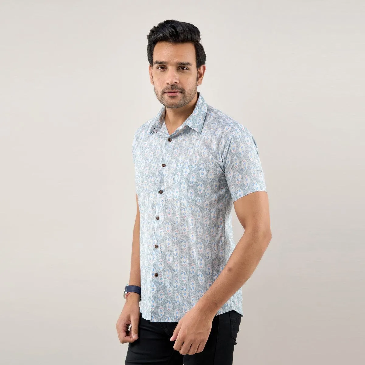 Men Greyish Blue Regular Fit Cotton Floral Casual Shirt