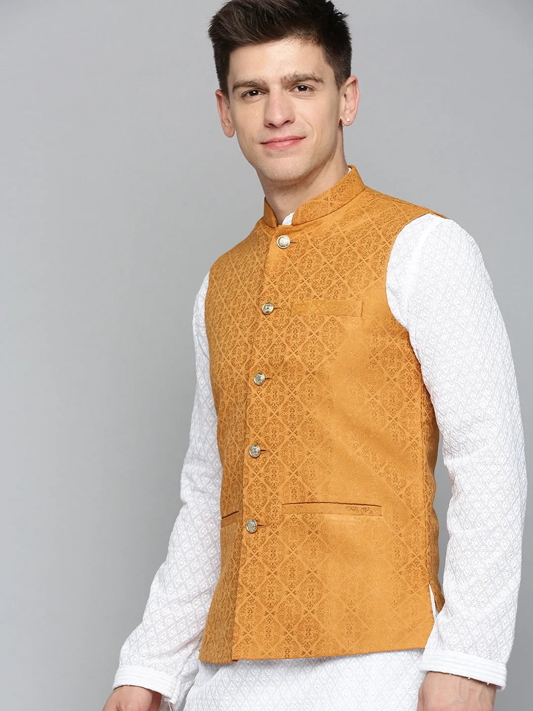 Men Mandarin Collar Woven Design Bronze Nehru Jacket