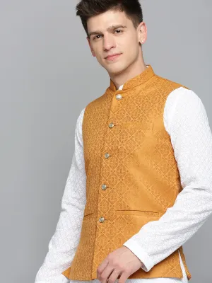 Men Mandarin Collar Woven Design Bronze Nehru Jacket