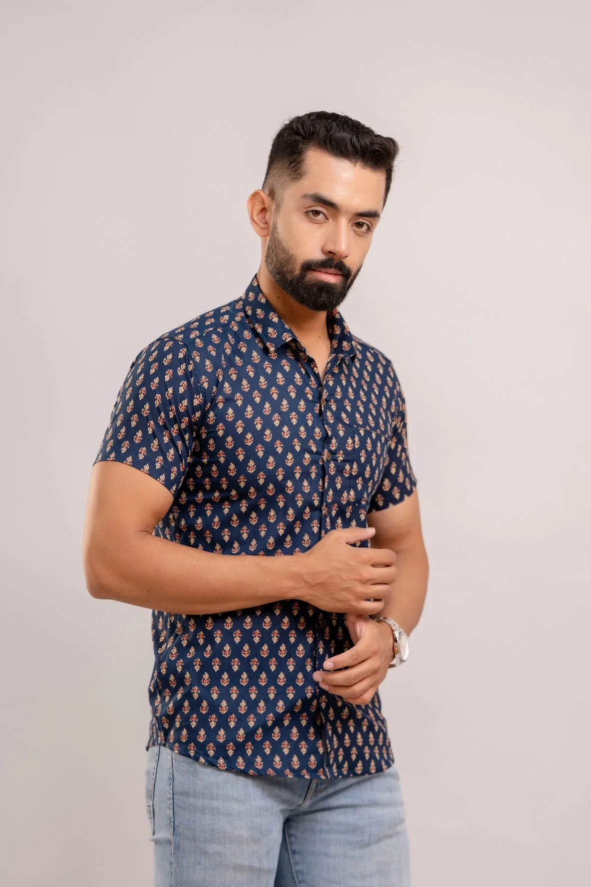 Men Navy Blue Ethnic Printed Short Sleeves Casual Cotton Shirt