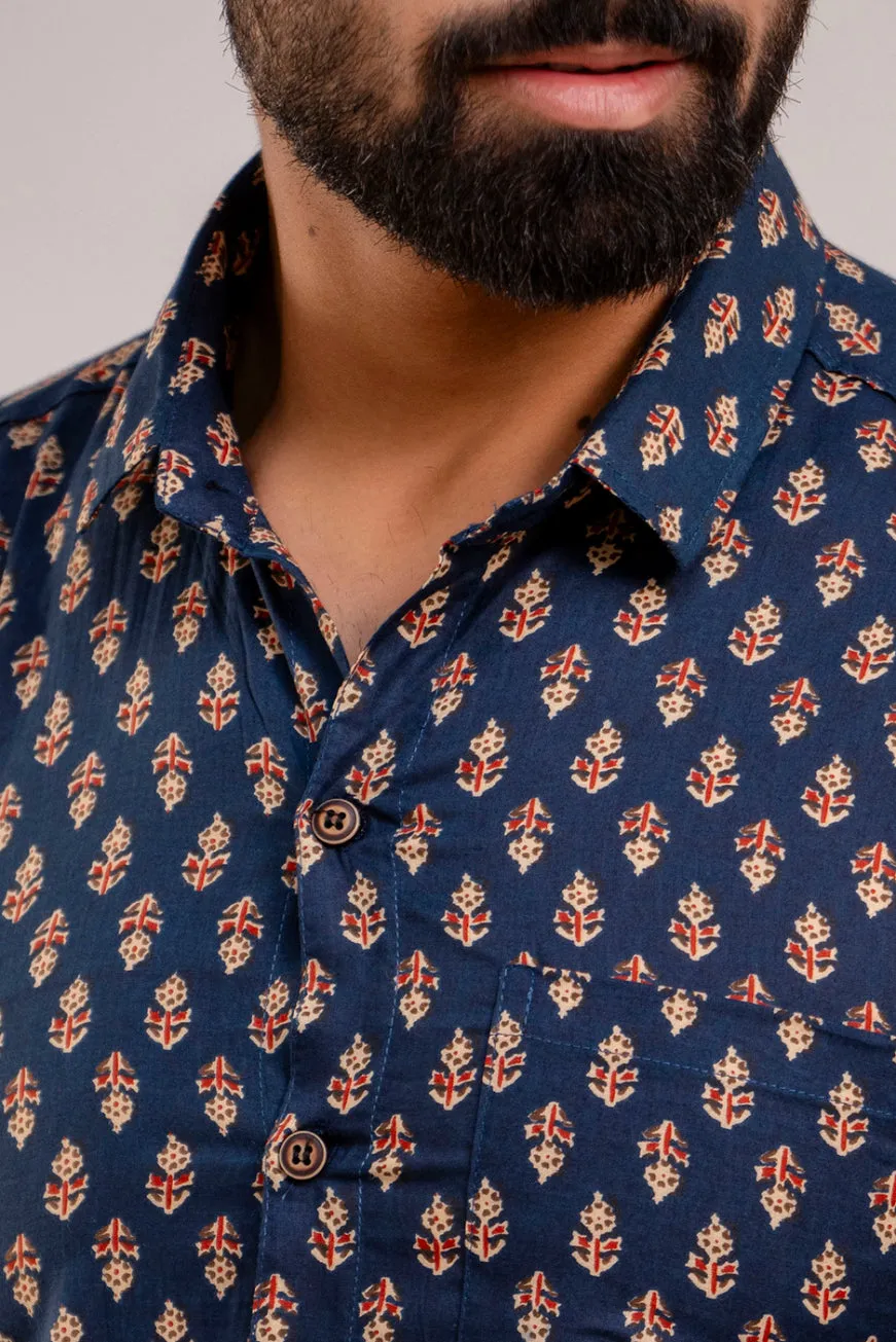 Men Navy Blue Ethnic Printed Short Sleeves Casual Cotton Shirt