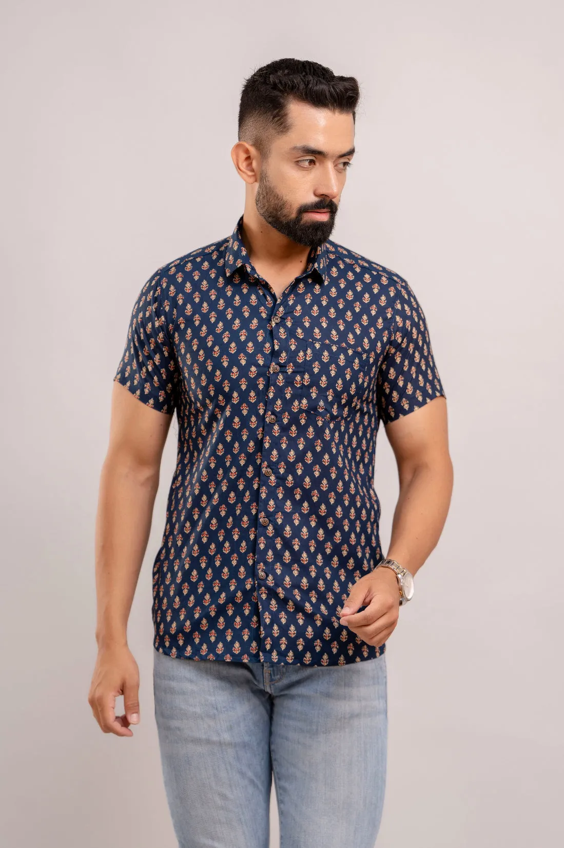 Men Navy Blue Ethnic Printed Short Sleeves Casual Cotton Shirt