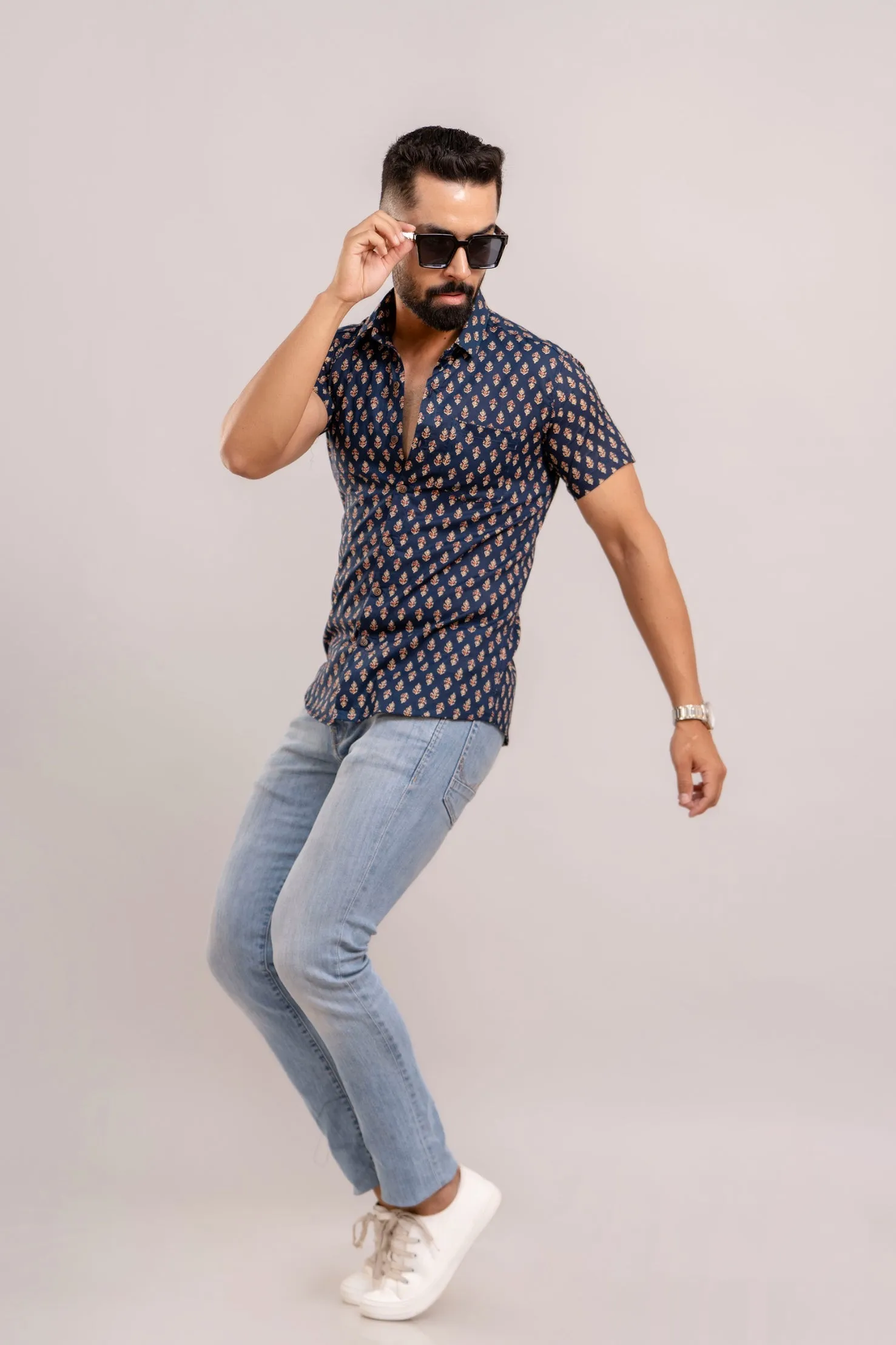 Men Navy Blue Ethnic Printed Short Sleeves Casual Cotton Shirt