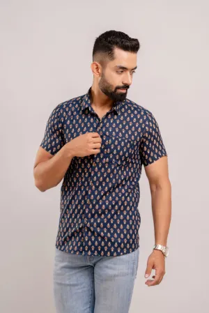 Men Navy Blue Ethnic Printed Short Sleeves Casual Cotton Shirt